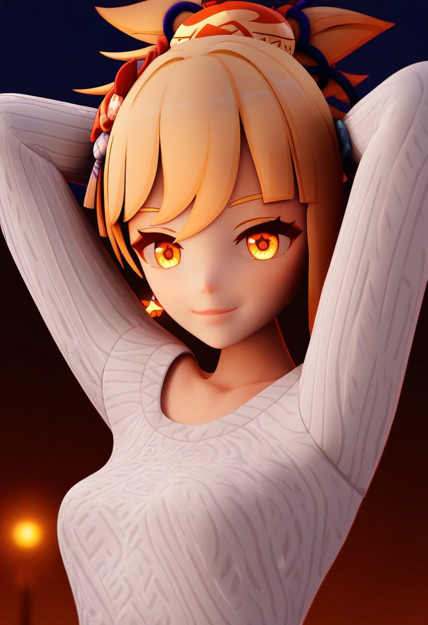 1girl, solo, looking at viewer, smile, blonde hair, hair ornament, long sleeves, jewelry, collarbone, yellow eyes, upper body, earrings, blurry, arms up, sweater, orange eyes, night, depth of field, glowing, arms behind head, yoimiya (genshin impact)