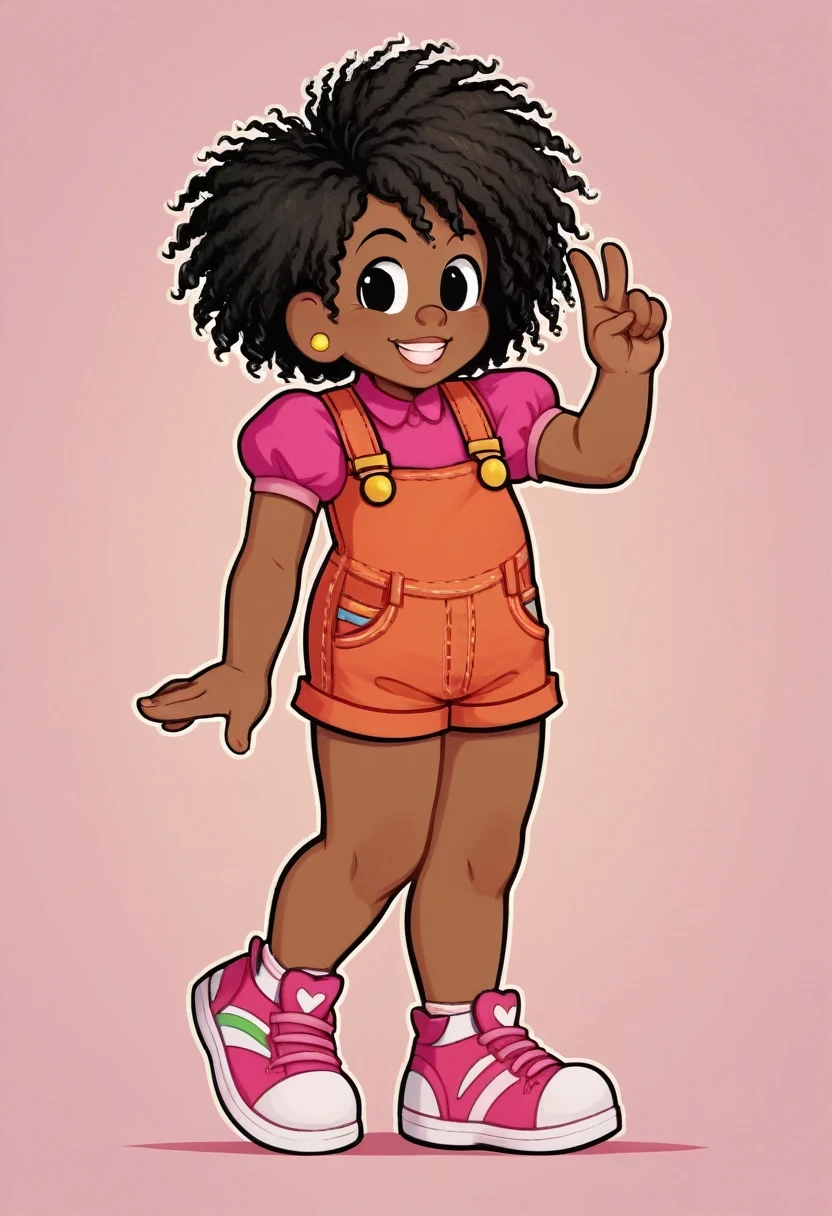 melina, 1girl, solo, smile, shirt, black hair, bow, jewelry, full body, short sleeves, hair bow, earrings, shoes, puffy sleeves, dark skin, black eyes, dark-skinned female, puffy short sleeves, pink bow, sneakers, curly hair, pink footwear, overalls, very dark skin, afro, overall shorts