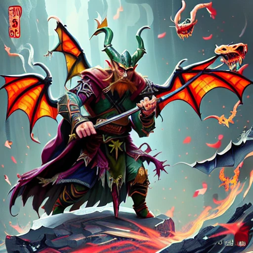 bald, solo, fangs, smoke, dragon wings, purple dress, staff, weapon, lamp, red eyes, holding axe, rock, fairy, pointy ears, cliff, dragon tail, battle, fake horns, male focus, hanfu, elf, waterfall, bat (animal)