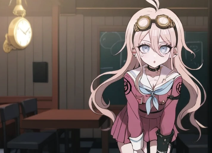 detailed background, solo, <lora:Miu_Iruma_SDXL:1>,  This anime screencap is from Danganronpa the Animation. ,     Miu Iruma wearing her uniform from Danganronpa V3. Miu Iruma has waist-length strawberry blonde hair that flows in waves around her back, with two short locks of hair sticking up at the top of her head, sweeping to her right. Her bangs are long and wispy, swept somewhat to her left. She has ice-blue eyes. Her head accessories consist of a pair of brown goggles with gold accents. Miu wears a modified, long-sleeved, dark pink seifuku uniform with a white sailor collar and sleeve cuffs, both striped with a single faded pale blue line, a faded pale blue bow tied at her collar. Her chest cover is noticeably missing, her cleavage exposed. A crest can be found in black printed at the shoulders of her sleeves. She wears a short, dark pink pleated skirt the same color as her uniform, vertically striped off-white knee-high socks, and black heeled boots accented with gold buckles, studs, and buttons. Her accessories include a black choker, two rubber collars that resemble barbed wire, black fingerless gloves studded with silver, a pin of the mouse mascot from Niko Niko Happy on her collar, black straps connected with gold studs wrapping her left upper arm, and black straps studded with gold linked with gold rings around her torso and legs. Her long black boots reach nearly up to her knees. The Hope's Peak cafeteria. The room is lit by a single overhead light source. There are several tables and chairs in the room, and a plant in the far right corner of the room. There is a door on the back wall and a clock with a white face on the top. On the wall above the doors there are some black and white square signs with black lettering. The floor is red and white checkerboard tiles. There are some dark horizontal beams that run the length of the wall.  A tall wooden easel with a black chalkboard on it sits near the center of the room.