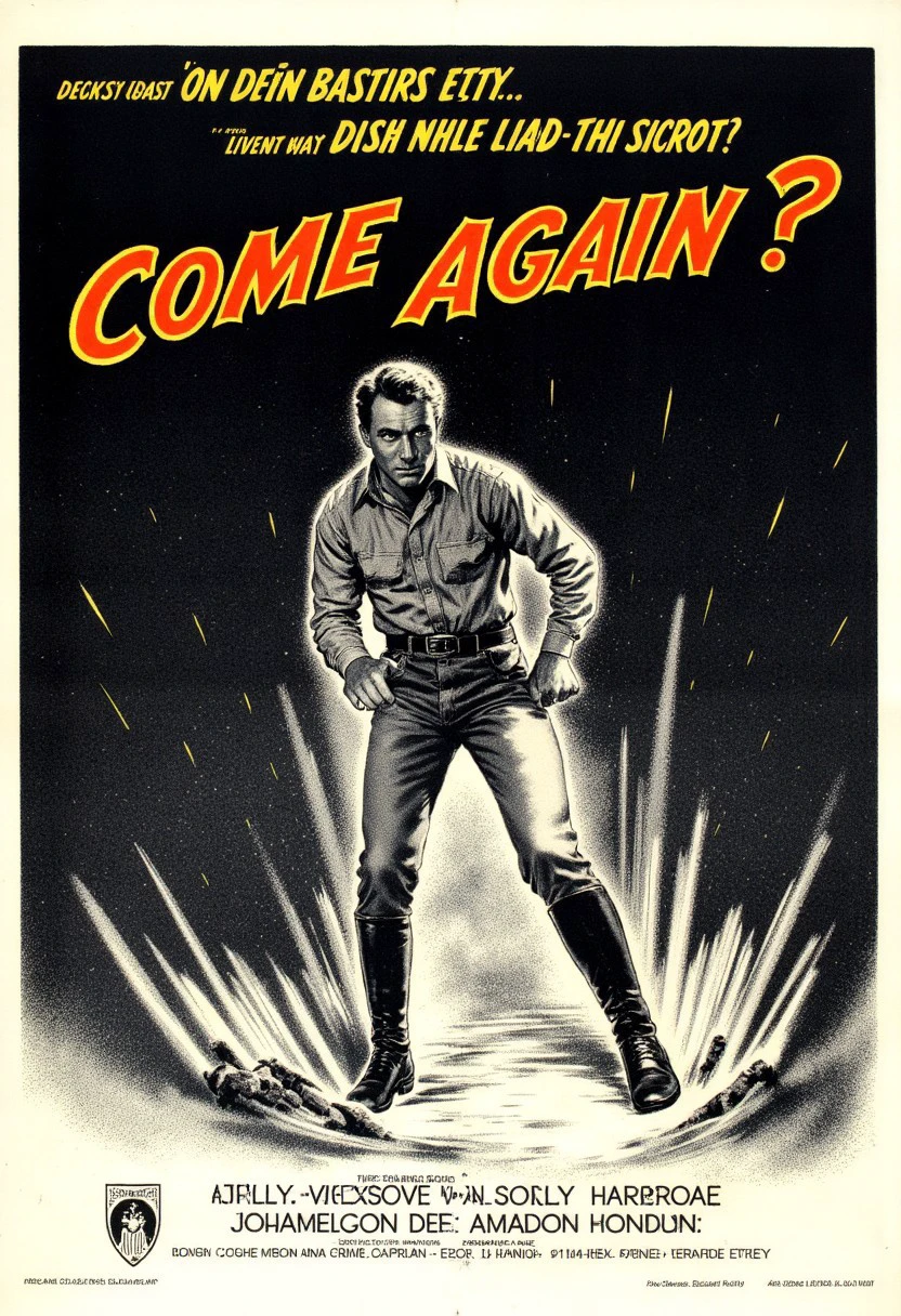 vintage movie poster for "Come Again?" , there is a black and white image of a man hidden by flames