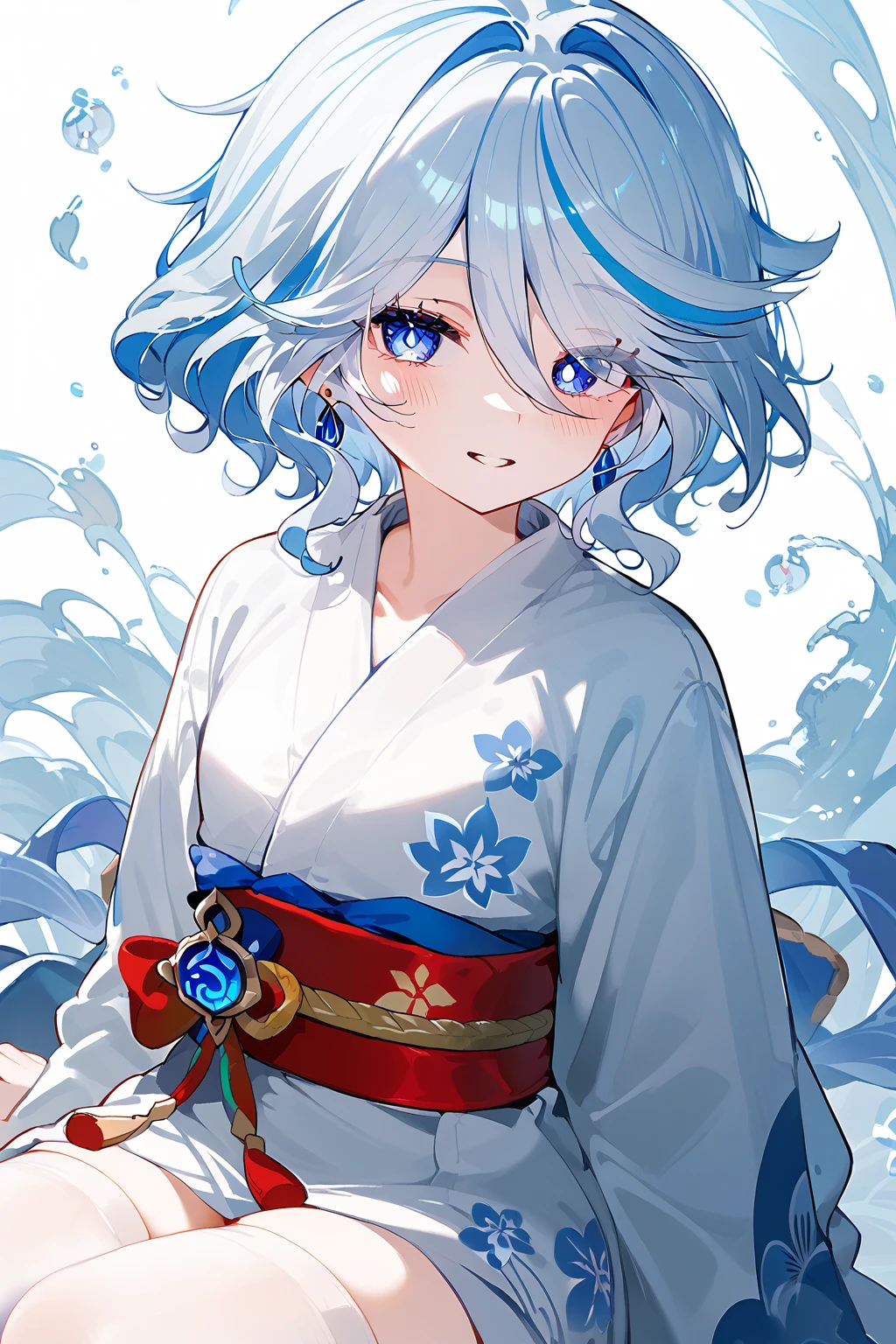 (score_9,score_8_up,score_7_up),<lora:funingna(Genshin Impact)-v1:1>,funingna(Genshin Impact),1girl,full body,blue eyes,solo,japanese clothes,kimono,blue hair,looking at viewer,smile,short hair,hair ornament,streaked hair,white hair,bangs,sash,blush,upper body,hair between eyes,earrings,thighhighs,jewelry,white kimono,yukata,obi,good feet,eyes visible through hair,parted lips,anime,NSFW,expressive,very beautiful,moody lighting,ultra hd 32k,masterpiece,toes,cute face,