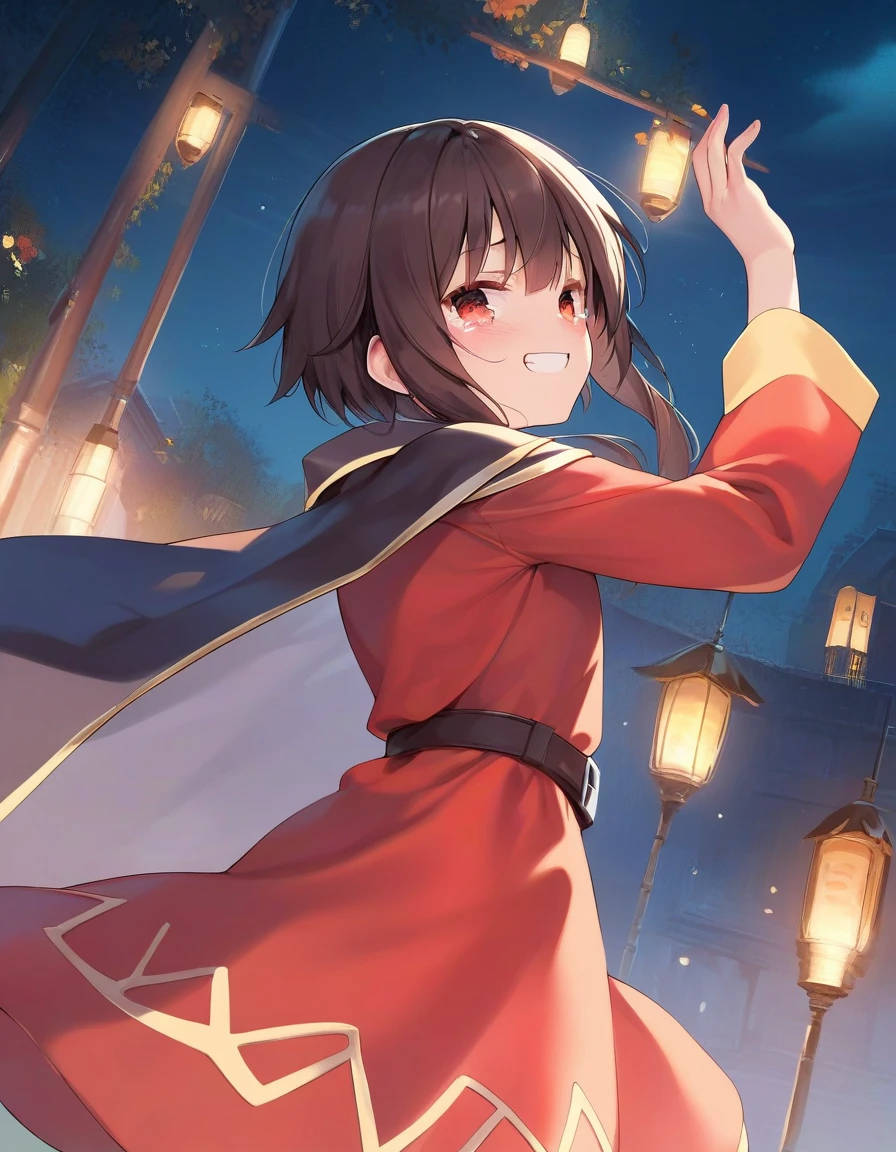 score_9, score_8_up,score_7_up, score_6_up, score_5_up,score_4_up, 1girl, (megumin:0.7), cape, from side, tearing up, night sky, false smile, looking at viewer, red dress, long sleeves, 
<lora:oniharigusa_style_pony6_v1-000032:1>