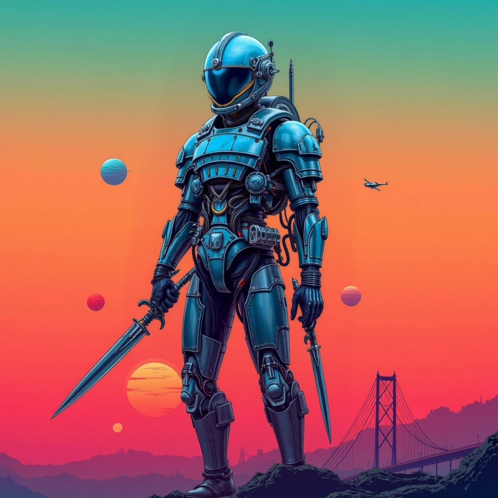 cybersociety style, A futuristic soldier stands tall, armored in blue and gray with a helmet and visor. He wields two swords, one in each hand, against a backdrop of a vibrant sunset sky with celestial bodies and a bridge silhouette., cyborg, futuristic, armor, weapons, helmet, sci-fi, planets, bridge, aircraft