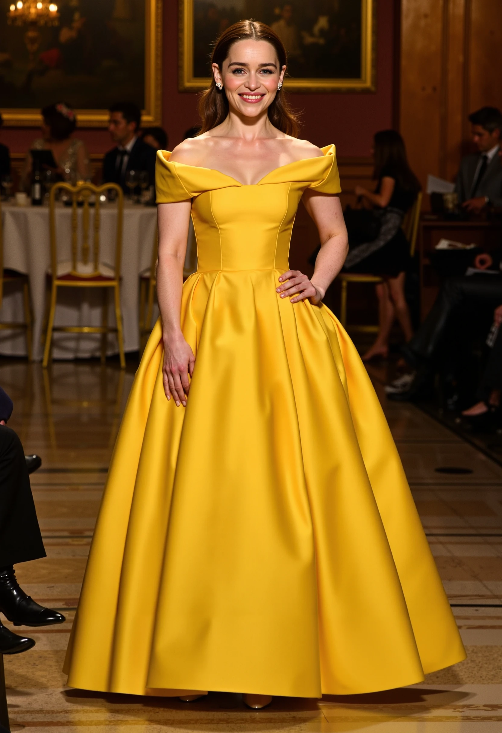 
emiliaclarke wearing the yellow dress from beauty and the beast