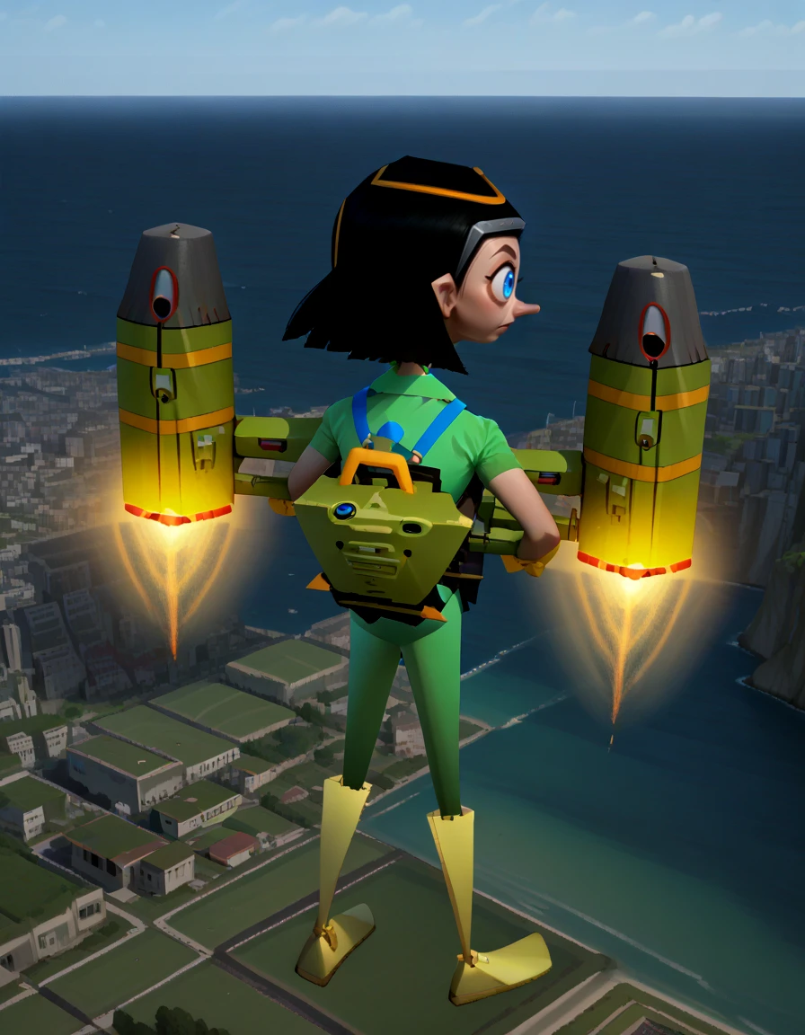 <lora:Ibis - Pilotwings 64 - 1996 - Epoch 10:1.15> ibis, 1girl, low poly, green shirt, short sleeves, short hair, black hair, medium breasts, blue straps, jeweled headband, yellow gloves, green pants, long pants, yellow boots, pointy nose, blue eyes, eyeliner, portrait, Jetpack, engines on, flying, looking up, goggles, facing away, turning to viewer, the moon's surface, source_cartoon, score_9, score_8_up, score_7_up, score_6_up, score_5_up, score_4_up,