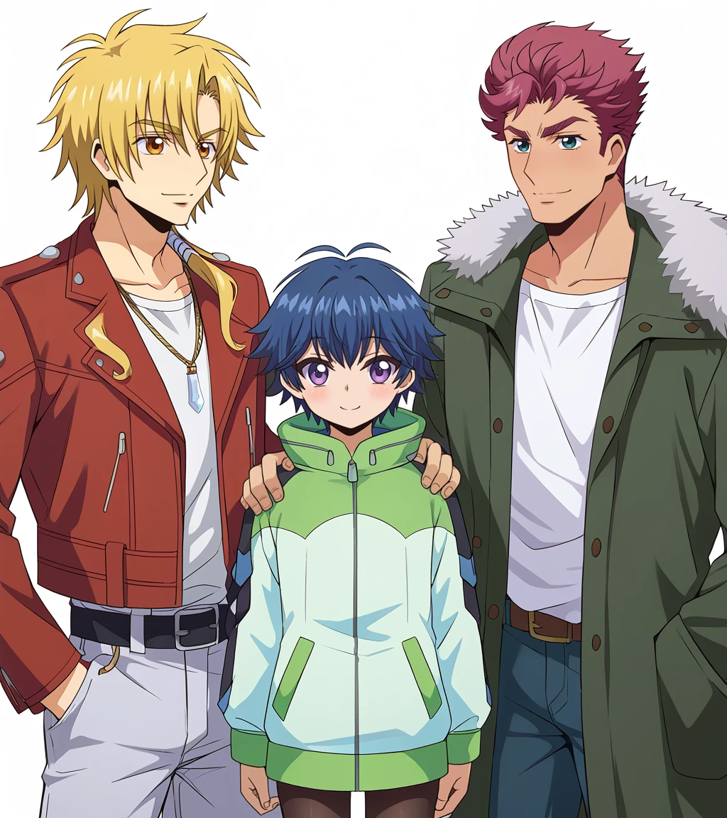 zPDXL2,rating_safe,<lora:Danji_Yu-yu_Tohya:0.9>,3boys,multiple boys,male focus,(upper body:1.2),smile,amusement park BREAK tohya ebata,jewelry,hands in pockets,red jacket,shirt,belt,pants,pendant,white shirt,low ponytail,open jacket,open clothes,belt chain BREAK yu-yu kondo,green-white jacket,black pants,pantyhose,height difference,hand on another's shoulder BREAK danji momoyama,green fur-trimmed coat,white shirt,open clothes,hood down,pants,