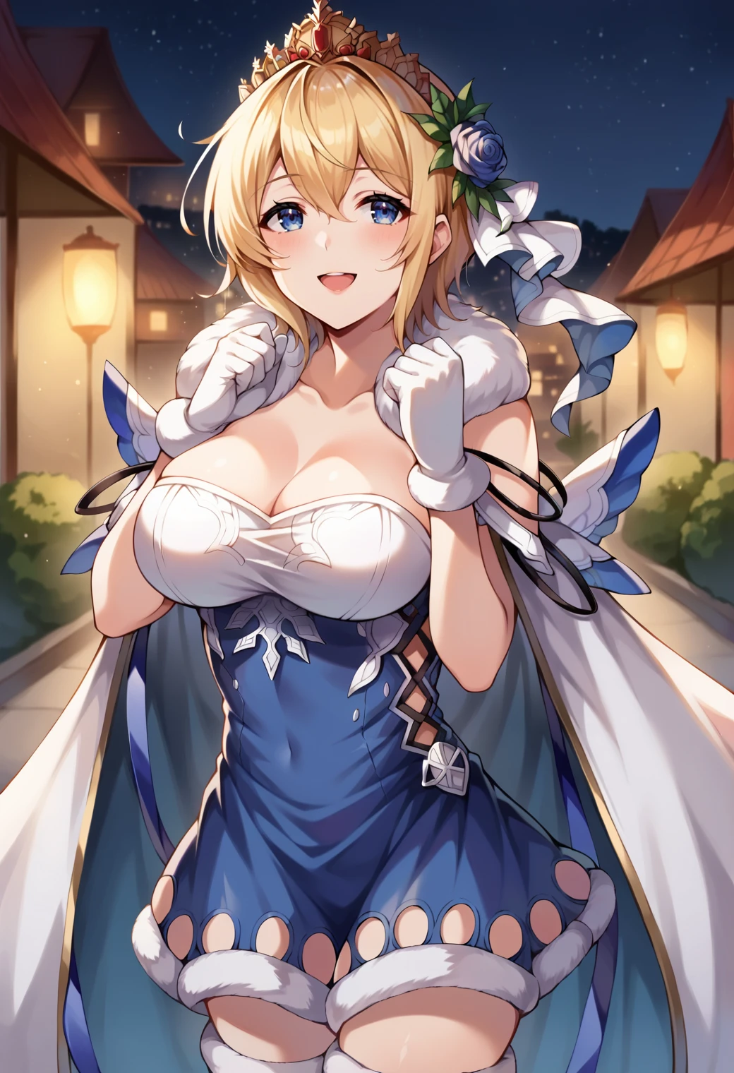 score_9, score_7_up, hd, (ultra hd quality details), source_anime, night, blurry background, 
solo, 1girl, gbfeuro, tiara, large breasts, 
gbfeuro, tiara, large breasts, eurohol, hair flower, blue dress, strapless, white gloves, fur trim, blue ribbon, white cape, thigh boots,
looking up, smile, open mouth, 
standing, hands up, blue rose,
<lora:_europagbf-elesico-pony-e10:0.9>