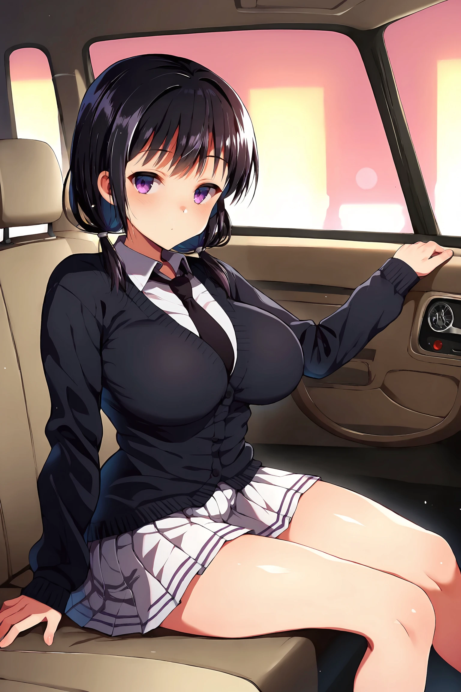 [ 4k digital art ]!!,(school uniform),(solo),highschool girl,curvy body,black short hair,tanned skin,lying and spreading legs on seat in car,(blushed:1.5),(thick thighs:1.2),japanese idol,spreading pussy,(pubic hair:1.3),(knees up:1),wavy mouth,(sweaty),