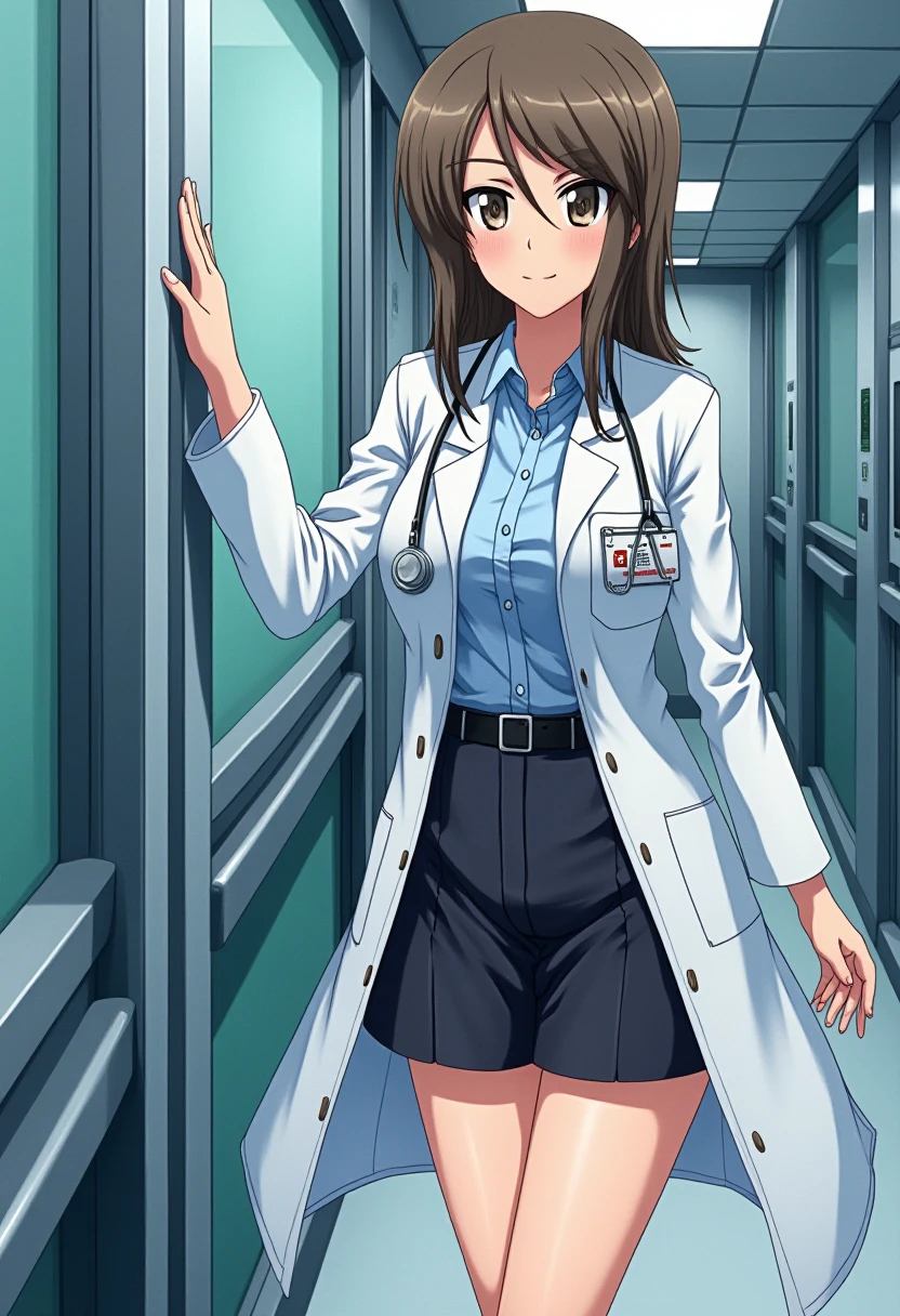 Anime style, sharp, high contrast and highly detailed. Ghibli anime style. Perfect anatomy. Perfect body ratio. No oversized head. No blurry, out of focus pictures. No simple background, no single color background.
She is wearing a labcoat, a shirt and a pencil skirt. She is standing inside a modern hospital, looking at the camera with a smile.
 mika (girls und panzer)  <lora:panzer_mika_flux_1_2:1>