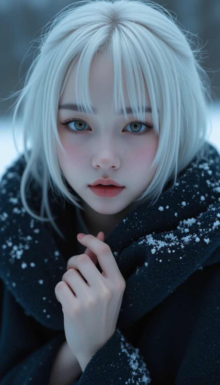 Create a photorealistic close-up image of a white-haired young woman in a dark, snow-dusted cloak. Her pale skin and pink lips stand out against the cold, wintry backdrop, with her eyes reflecting the soft light of the snow-covered landscape. The image should have a cinematic quality with extremely realistic lighting and intricate detail. The character's anatomy, hands, and fingers should be accurately depicted, with extremely detailed skin and facial texture. The portrayal should be lifelike and sharp, with no blurring, capturing an extreme dynamic pose and professional-level detail.