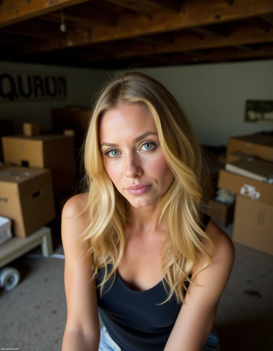 <lora:NicoleAnistonQuiron_FLUX:1.4>  NicoleAnistonQuiron, a blonde woman with blue eyes,  ,   , signpost  write "Quiron" on background,     attic, A storage space filled with dusty cardboard boxes, old family photographs, and discarded furniture from previous decades,  photo by helen levitt,