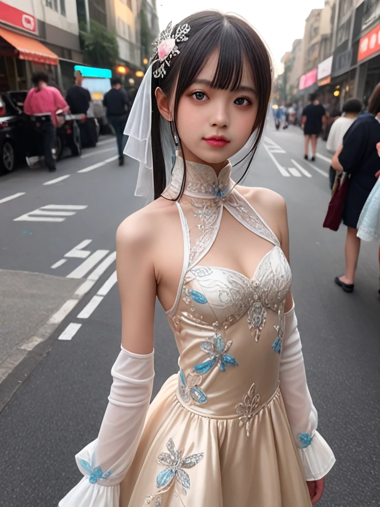 ((score_9, realistic)), ((fair skin)), ((skinny)), a pretty woman, kpop, jpop, idol, top model, medium breasts, high neck, multicolord dress, sleeves dress, hair ornament, street, <lora:ColoredContactLenses_pony:0.5>,