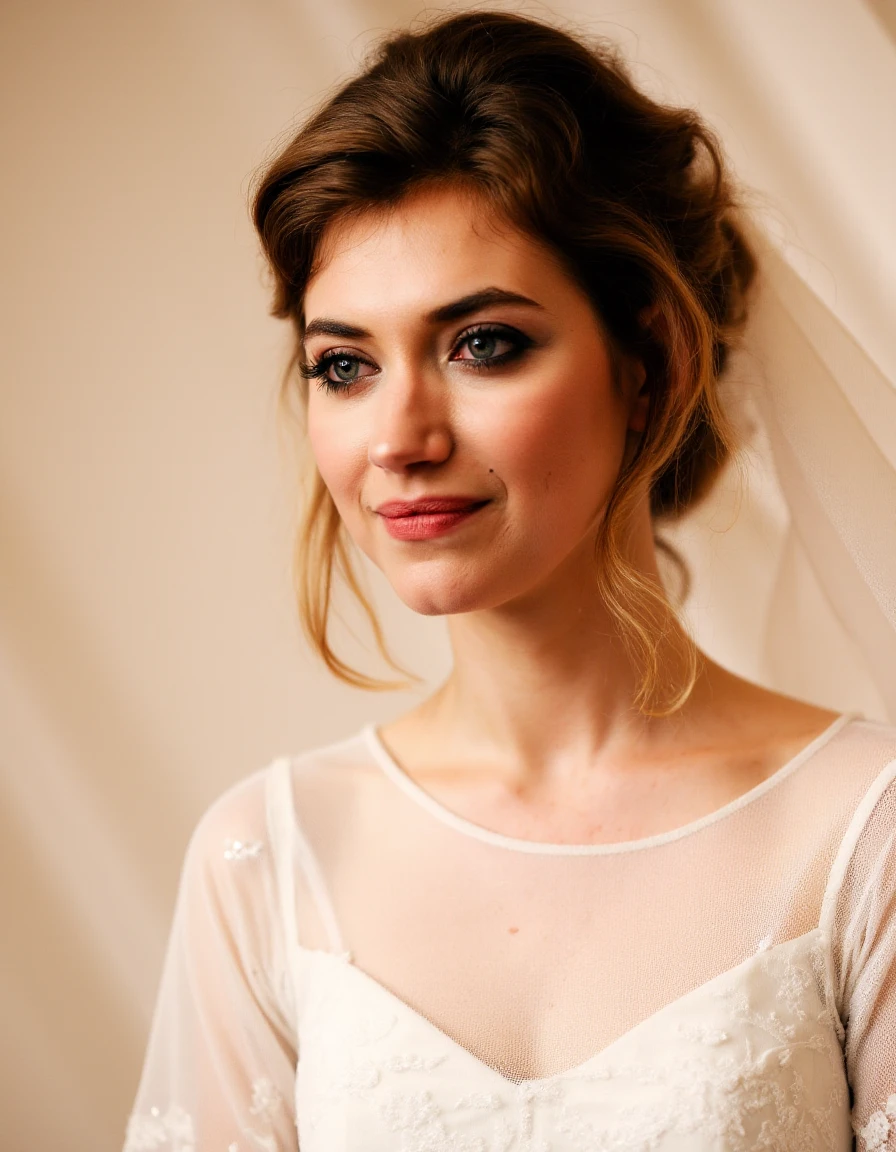 This image is a photograph of a woman dressed in a white wedding gown, likely taken indoors. The woman has a light olive complexion and dark brown hair styled in an elegant updo with loose curls. Her hair is adorned with a delicate tiara and a veil that cascades down her back. She is wearing a sheer, lace overlay over a white bodice, with the lace detailing on the shoulders and upper arms. Her makeup is meticulously applied, featuring dark eyeliner, mascara, and a glossy red lipstick. She is also wearing small, diamond earrings.
The background of the image is soft and blurred, with a white fabric or backdrop that creates a subtle contrast to her outfit. The lighting is warm, casting soft shadows that enhance the contours of her face and the texture of her dress. The overall mood of the photograph is serene and romantic, capturing the essence of a traditional wedding day. The photograph has a vintage feel, with slightly muted colors and a slight graininess that adds to its nostalgic charm.,Imogen Poots,<lora:Imogen_Poots_Flux_V1-000002:1>