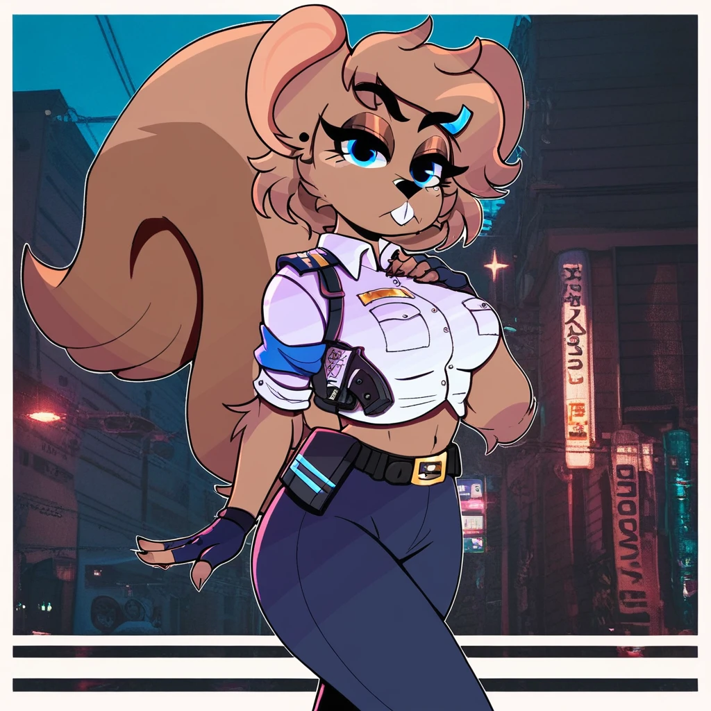 score_9_up, score_8_up, score_7_up, score_6_up, furry female, yuma ita, female, furry, squirrel, blue eyes, brown hair, tail, large breasts, looking at viewer, short hair, brown fur, police officer, police, midriff, boots, fingerless gloves, head tilt, standing, (solo), three-quarter view, simple background,