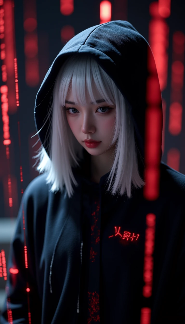 Create a photorealistic image of a white-haired young female hacker, cloaked in a hood, surrounded by floating red digital code. The setting should be a dark, futuristic environment, with the image having a cinematic quality and showcasing a high level of detail and realism.