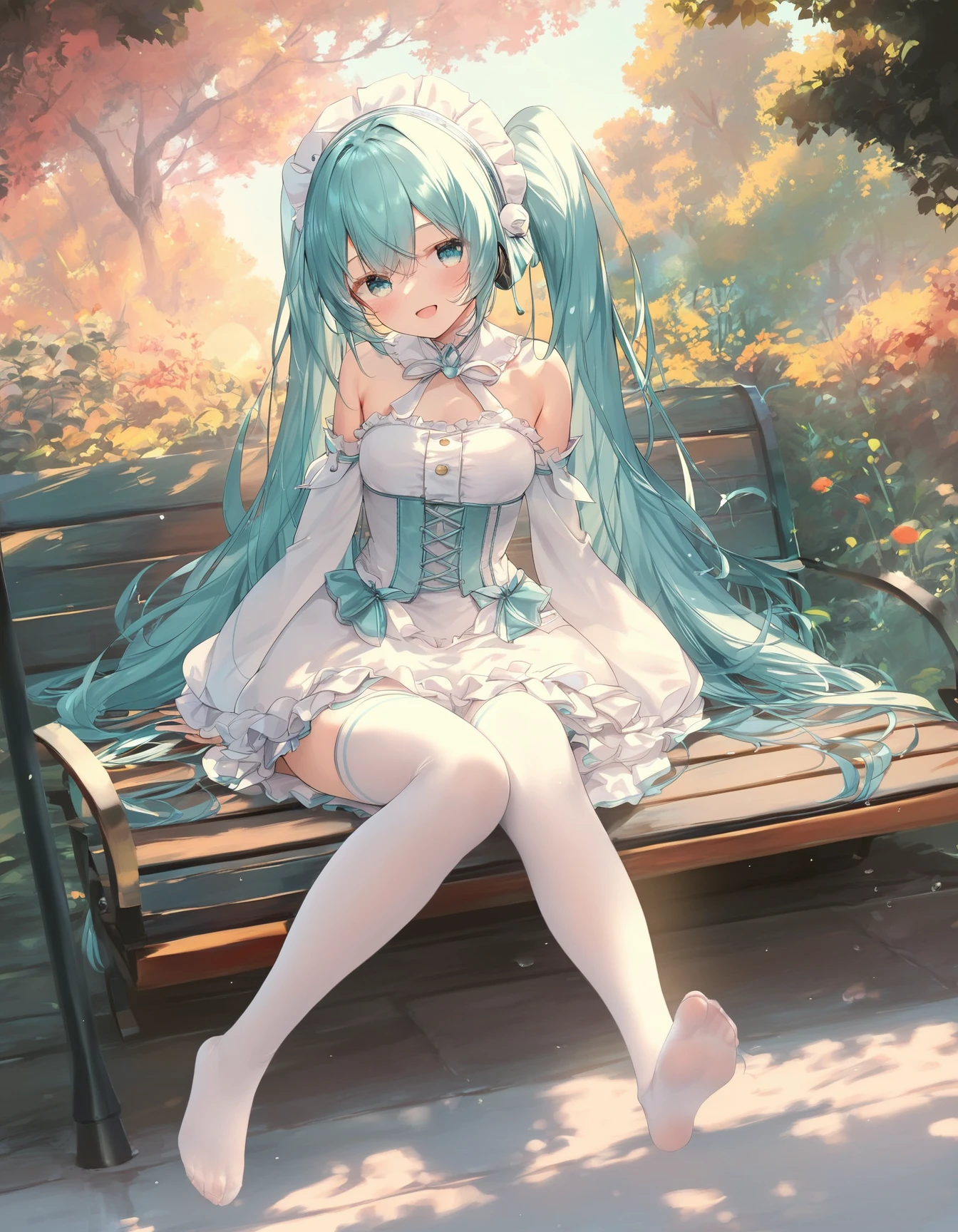 score_9, score_8_up,score_7_up, score_6_up, score_5_up,score_4_up, rating safe,1girl sitting on a park bench, smile, open mouth,( hatsune miku:0.6),white frilled dress, white thighhighs,  detached sleeves, feet, corset, headdress, lens flare, 
<lora:oniharigusa_style_pony6_v1-000032:1>