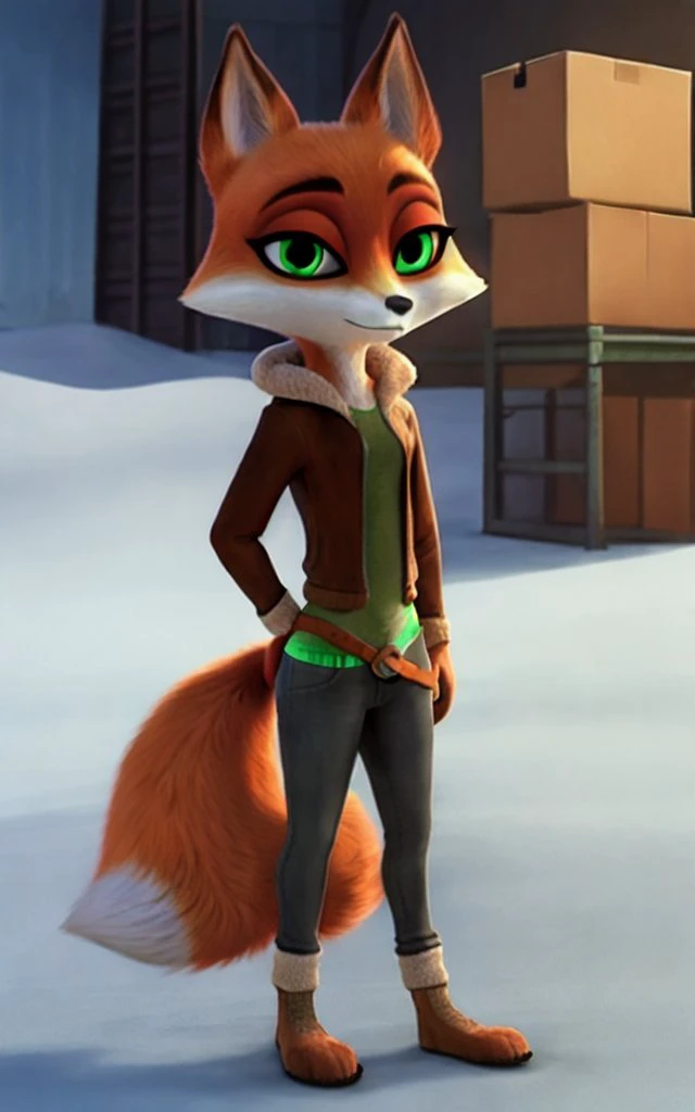 <lora:arctic_dogs:0.8>
solo, masterpiece,
jade, fox, green eyes,
clothed, winter clothing, jeans, paws,
standing, posing,
warehouse background,