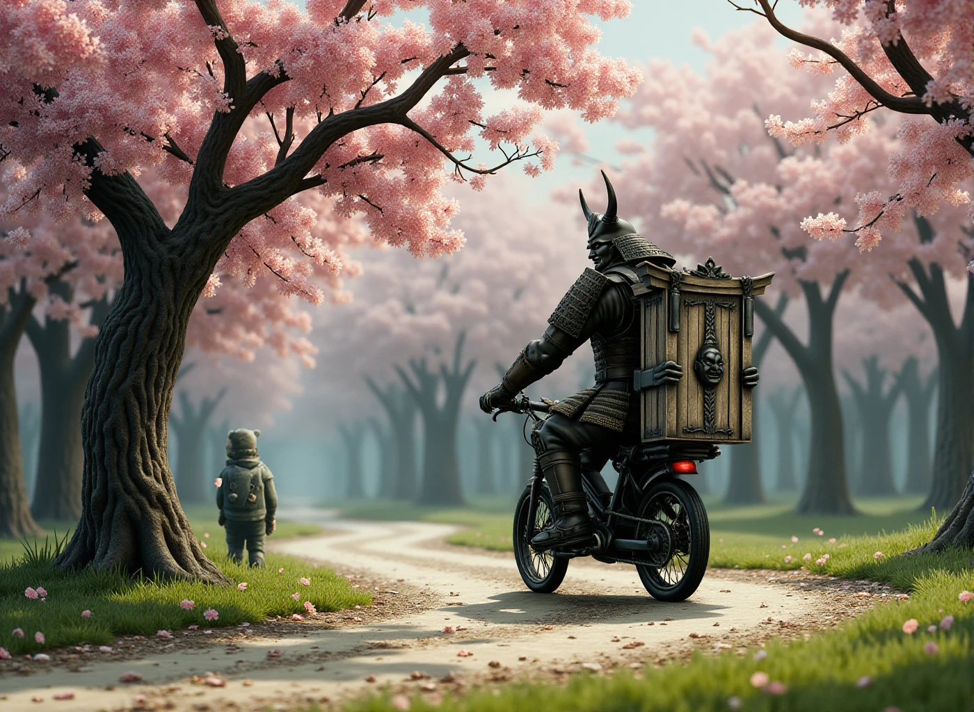 Samurai is riding a bicycle in a park with cherrytree blooming  <lora:Samurai:0.9>