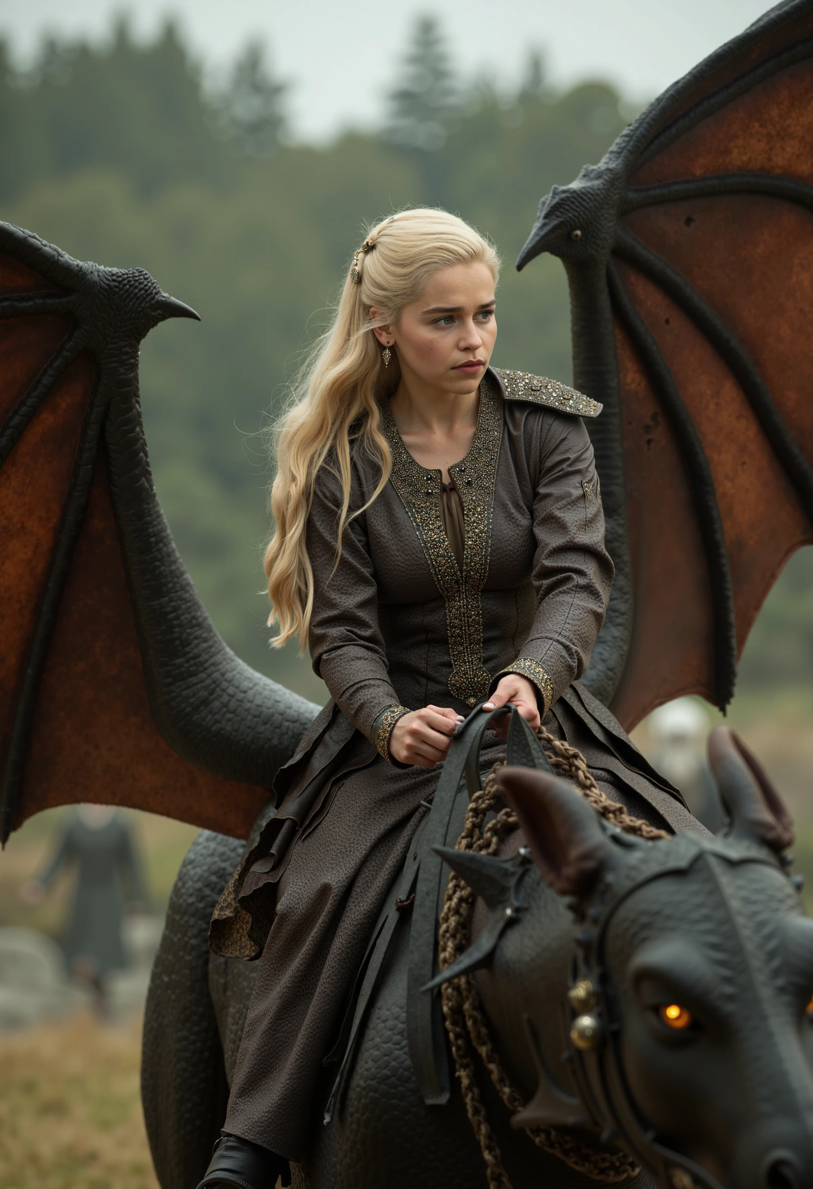 
A close-up portrait of a blonde woman emiliaclarke riding a dragon that is spreading its wings in a medieval setting
