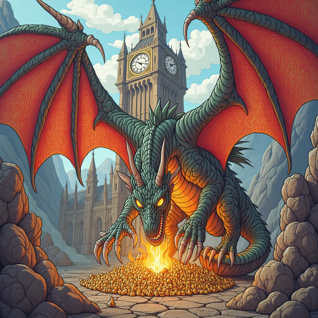 <lora:Kawaiis_rank16_bf16:1>fantasy illustration of an ancient dragon, massive, serpentine body, powerful wings, fearsome claws, glowing eyes, intricate scales, hoard of treasure, gears and cogs of a massive clock tower in the background, wishing well filled with teardrops, dramatic lighting, vibrant colors, detailed, highly rendered, concept art, illustration, artstation, wallpaper, splash art, promo art