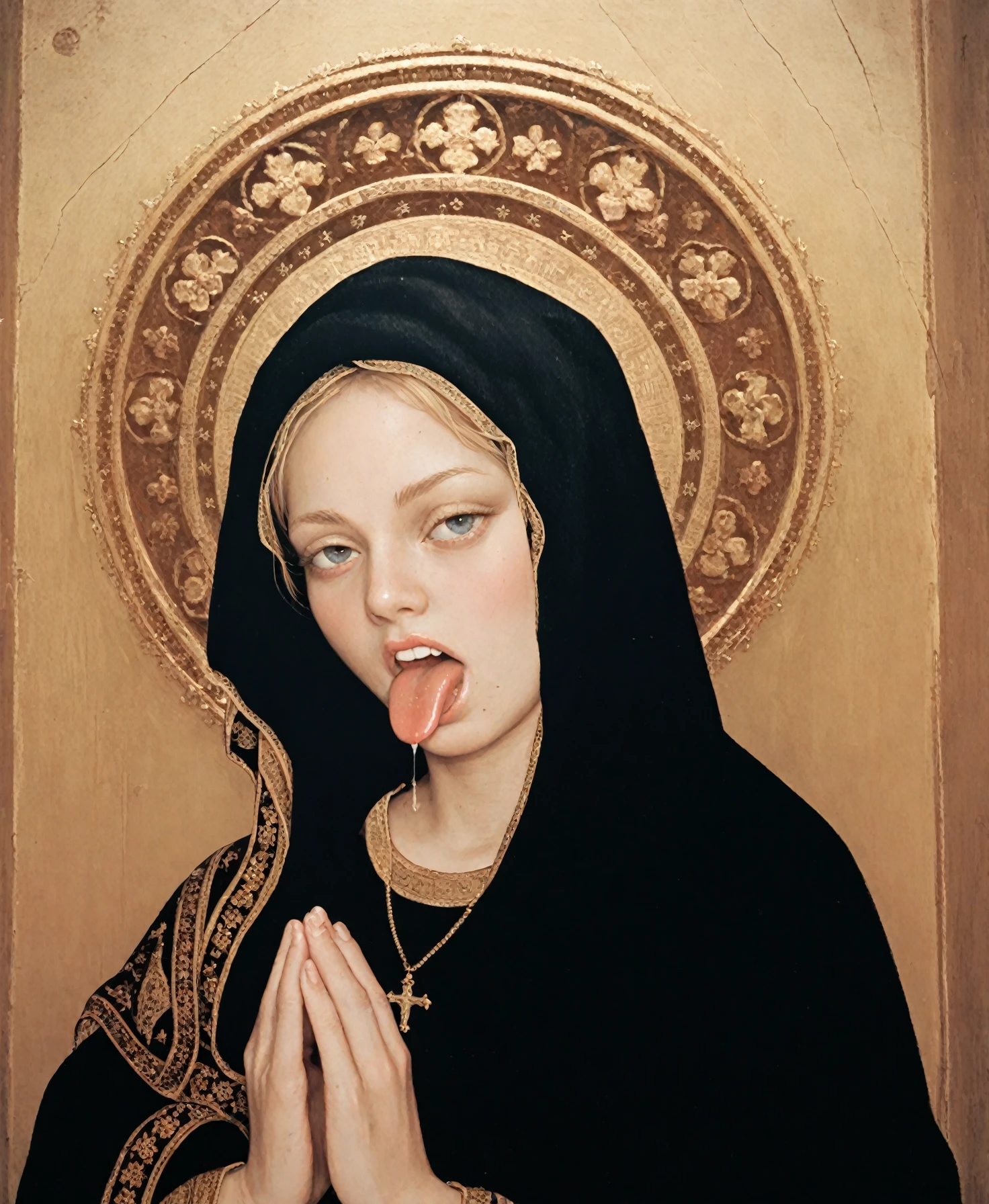 <lora:gentile-da-fabriano_pony_v1:1>  ' tongue out ' by FabrianoGentileda in 1425, religious painting \(genre\), International Gothic \(style\),  <lora:P_ero_tongue_out-400:1> 1girl, score_9, score_6_up, score_7_up