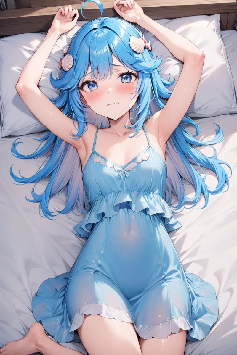 masterpiece, best quality, perfect features, 1girl, solo, cowboy shot, lying, bed sheet, looking at viewer, shy, blush, wavy mouth, arms up, blush
, blue eyes, shiny hair, barefoot, blue dress, dress, camisole,shell hair ornament, ahoge, <lora:Duoliya_xl:0.7>