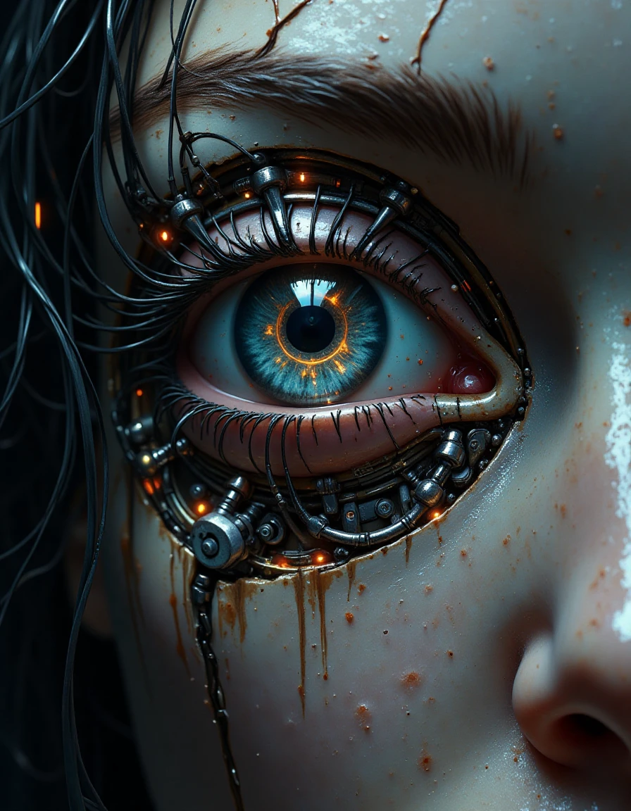 A close-up shot of an eye that has been mechanically enhanced, showcasing intricate mechanical components seamlessly integrated into the human anatomy. The iris and pupil are replaced with a sophisticated mechanism, featuring metallic gears and circuitry that emit a soft glow under ambient light. The surrounding skin appears slightly stretched or modified to accommodate the complex machinery.

The composition of this picture is tightly focused on the eye, emphasizing its detail through close-up framing, while the perspective structure highlights the depth and complexity of the mechanical enhancements. The scene environment is dimly lit with subtle reflections catching on metallic parts, creating a sleek and futuristic aesthetic.

Artistically, this piece adopts elements from cyberpunk aesthetics, blending high-tech machinery with organic human features in an uncanny yet captivating way. The painting style incorporates fine brushstrokes to highlight the intricacy of mechanical details while maintaining smooth transitions between metal and flesh tones.

The emotional expression conveys a sense of wonder and unease as the viewer is drawn into the mysterious world of technological integration, questioning the boundaries between humanity and machines. The color palette consists of cool metallic hues with warm undertones from skin and subtle lighting effects, creating a balanced yet striking visual impact.

This composition captures the essence of human enhancement through technology, showcasing both its beauty and potential dangers in equal measure, leaving viewers pondering the implications of such advancements on society and individual identity.