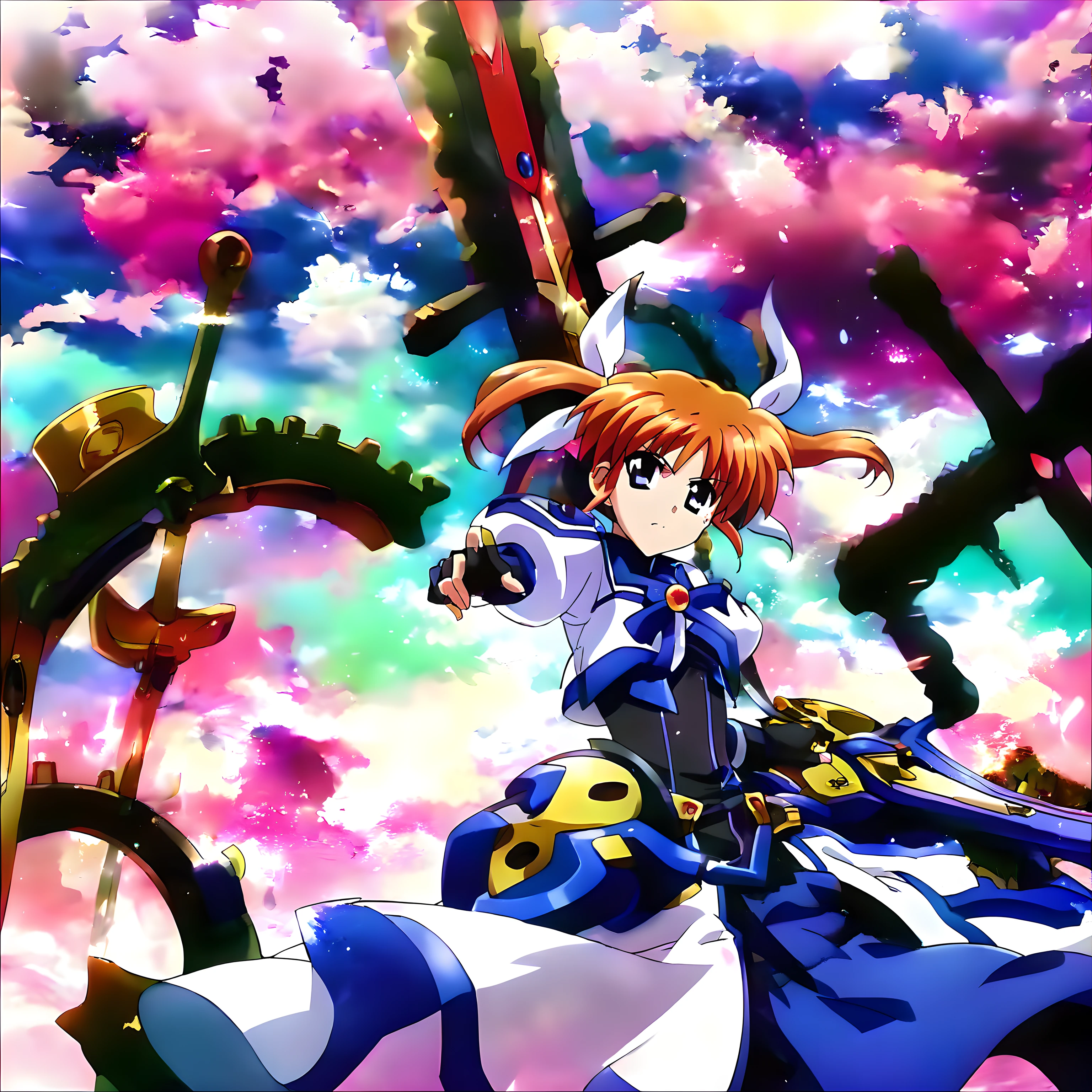 <lora:pony_xl_ubw:0.9>,ubw,score_9,score_8_up,score_7_up,source_anime,1girl,solo,scenery,cloud,sky,gears,weapon,sword,planted,planted sword,<lora:pony_xl_nanoha:0.9>,nanoha,armored dress,faulds,long sleeves,puffy sleeves,black gloves,fingerless gloves,cowboy_shot,looking_at_viewer,