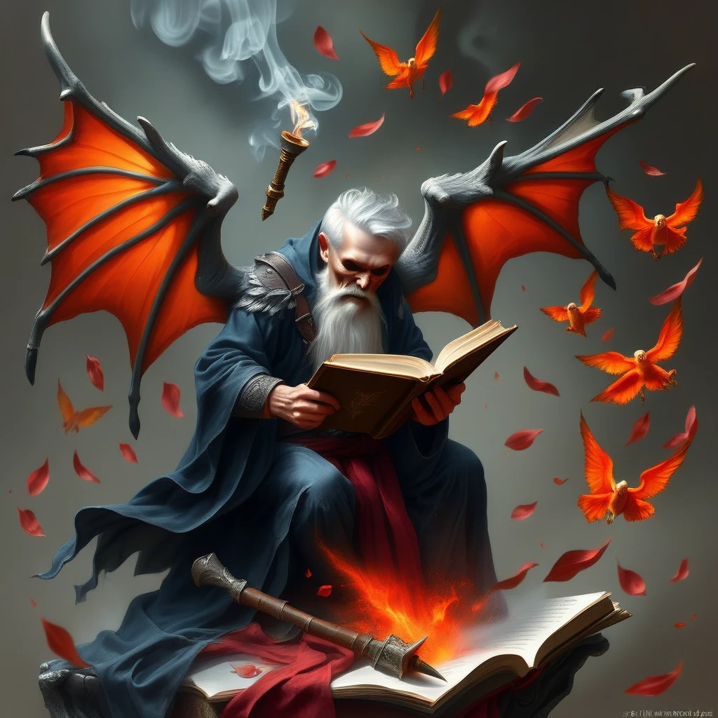 skull, realistic, holding book, white hair, falling leaves, polearm, fire, wings, flower, grey hair, tree, demon wings, petals, belt, sheathed, bottle, wizard, spear, open book, smoke, detached sleeves, dual wielding, pectorals