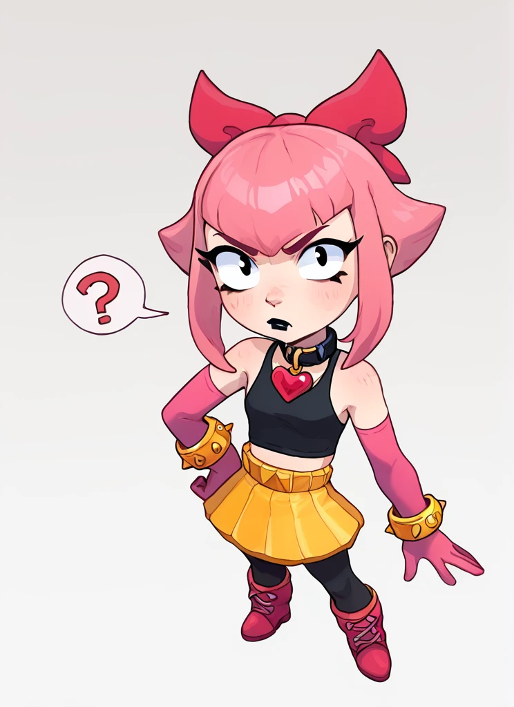 score_9, score_8_up, score_7_up,  <lora:bsmelodie:1>  bsmelodie  , 1girl, solo ,  pink hair,  hair bow  ,black lipstick, black collar ,neck heart  ,black shirt, crop top,  bare shoulders, elbow gloves, pink gloves, yellow bracelet , yellow skirt  , black thighhighs  , boots,   <lora:PossumMachine:1>posmach , looking at viewer,  confused, ??? ,   full body, from above,