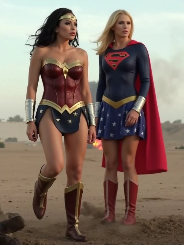 The photograph features wonder woman and supergirl, both with flxPsMkp889 standing close together floating in the sky. Below them is a scene of desolation, with explosions in the distance.

Wonder woman, in her wonder woman outfit, has a worried expression, watching below.

Supergirl, wearing her red and blue costume and a short red cape, has an intense expression.