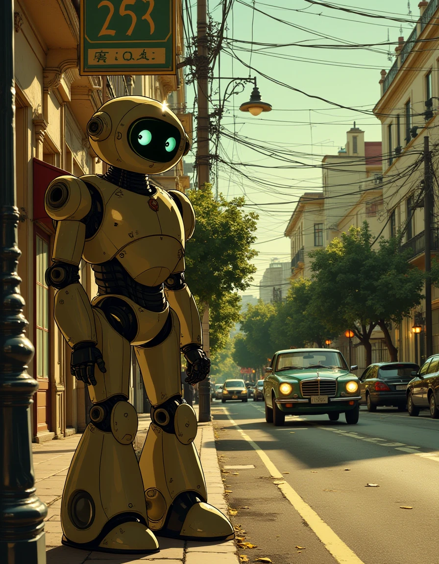 d13s3lp2nk   a robot standing on the side of a street next to a car. The street is lined with buildings, street poles, street lights, sign boards, trees, and motor vehicles. The sky is visible in the background.
  <lora:dieselpunk-delight:1.0>