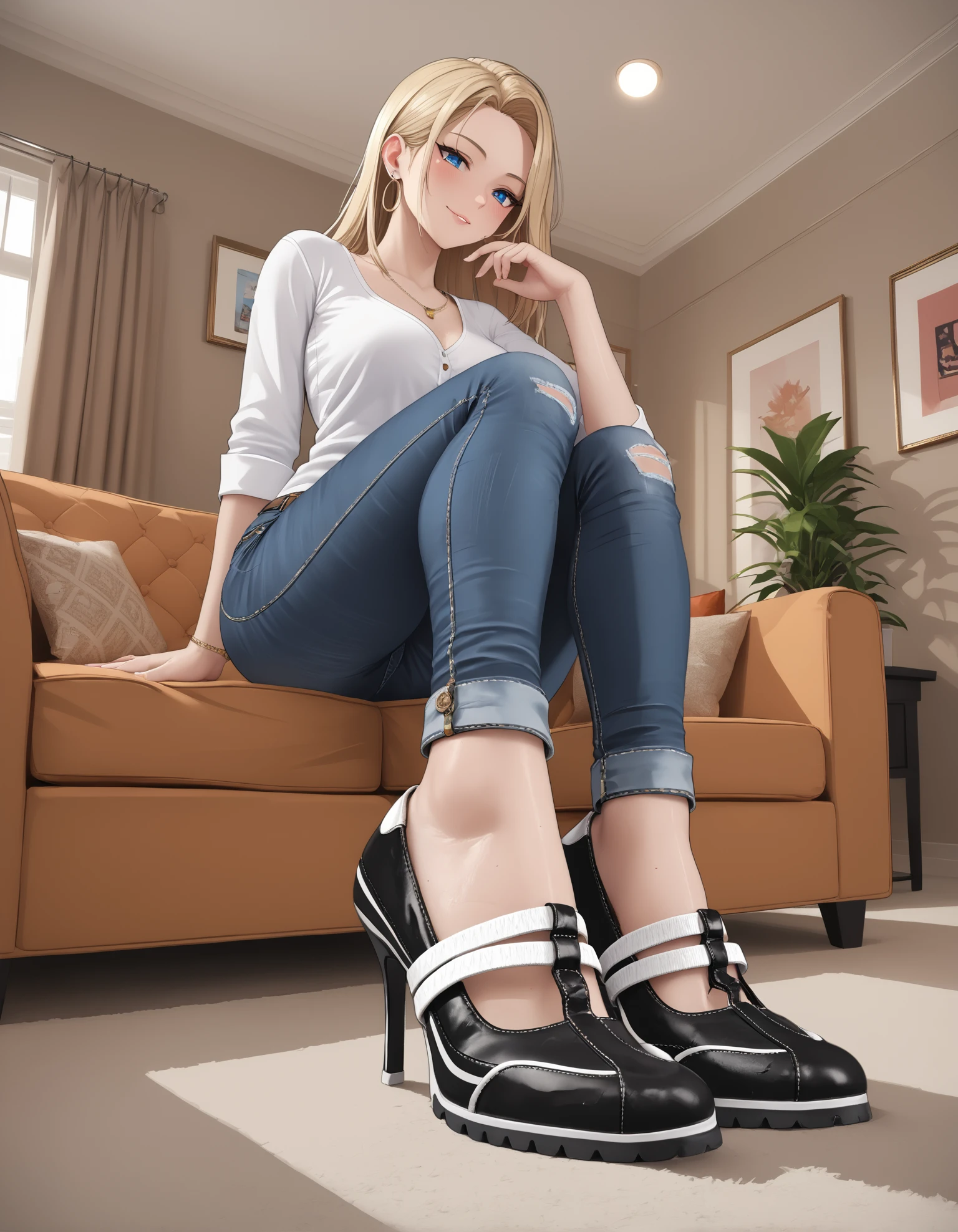 1girl, blonde hair,
jeans,
sitting, sofa,
sp0rty heels, low angle,
embedding:zPDXL2 ,