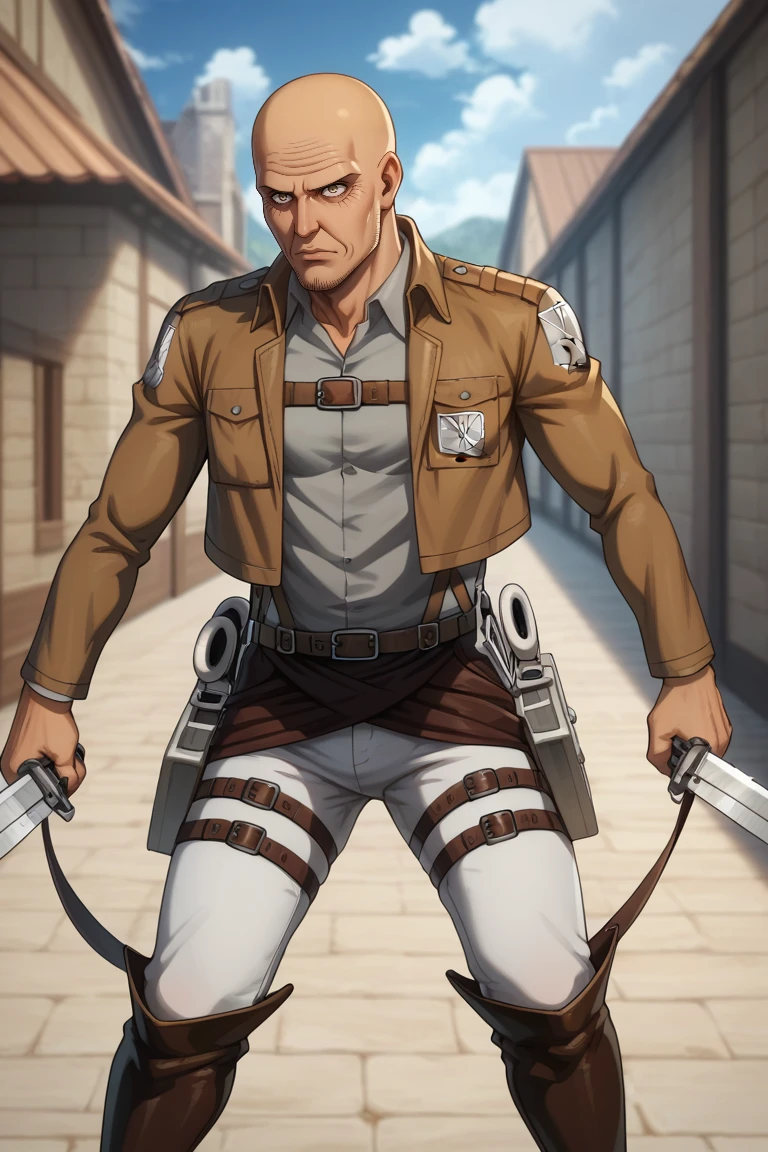 score_9, score_8_up, score_7_up, score_6_up, perfect anatomy, perfect proportions, best quality, masterpiece, high_resolution, high quality, best aesthetic, incredibly absurdres, highres, extremely detailed, huge filesize, mature, masculine, manly, virile, handsome, charming, alluring, bara, male focus, solo male, cowboy shot, dutch angle, MAPPA style, source_anime \(Attack on Titan\), anime coloring \(Attack on Titan\), Keith Sadies, AOTSadies854, bald, light brown eyes, facial hair, stubble, wrinkle, dark circles, Sadies_outfit02, paradis military uniform, white collared shirt, tan jacket, cropped jacket, open jacket, chest strap, brown waist apron, thigh strap, white pants, black boots, survey corps emblem, three-dimensional maneuver gear, blades, dual wielding, fighting stance, dynamic, flying