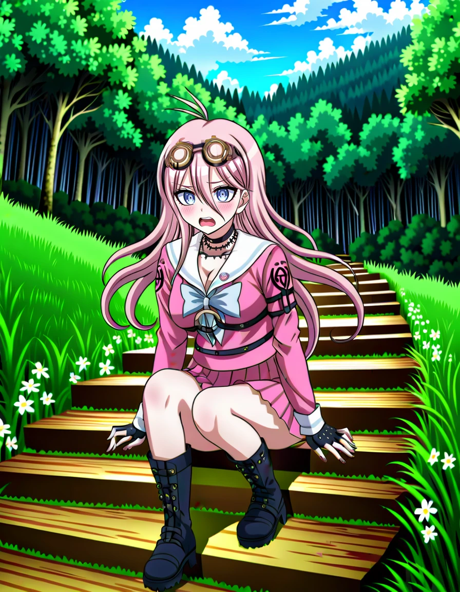 detailed background, solo, <lora:Miu_Iruma_SDXL:1>, This is an anime screencap from Danganronpa 3. ,  .    Miu Iruma wearing her uniform from Danganronpa V3. Miu Iruma has waist-length strawberry blonde hair, ice-blue eyes, brown goggles, and dark pink seifuku uniform. She has a white sailor collar and sleeve cuffs striped with a pale blue line and pale blue bow at her collar. Her cleavage is exposed. A crest's on the shoulders of her sleeves. She wears a short, dark pink pleated skirt, vertically striped off-white knee-high socks, black heeled boots. Her accessories include a black choker, two rubber collars that resemble barbed wire, black studded fingerless gloves, a pin of the mouse mascot on her collar, black straps connected with gold studs wrapping her left upper arm, and black straps around her torso and legs. Her long black boots nearly reach her knees. Miu Iruma is the focus of the image.  The person walks up a set of wooden steps in a forest. It is a partly cloudy day with the trees green and lush.  The ground is covered in grass and there are small white flowers near the steps.  There is a wide path near the top of the steps.  The steps are made of wood and are set into the hillside in a clearing in the forest.