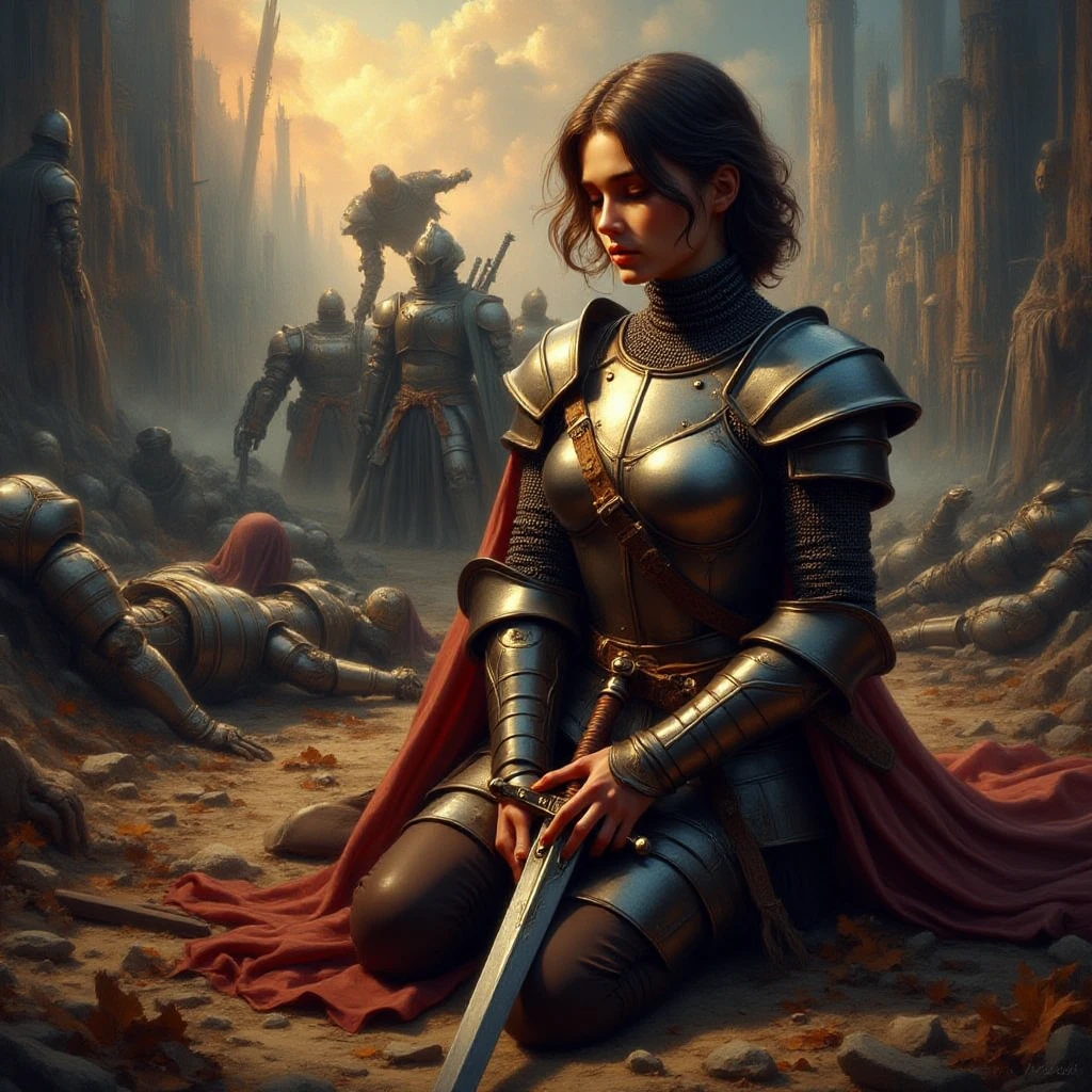 fantasy stylised illustration, anime style, cinematic composition, stunning, full body shot, masterpiece,best quality, close up dynamic model pose, (tall), perfect composition, 1girl, a battleworn mecha knight squire kneels in the dirt of the battlefield, smoke and fire billows, she is surrounded by fallen Robots, the shapeless form of the dead litter the field, (leaning on medieval longsword planted in ground steadying himself), dusk sunset, she wears medium medieval armor, medium chainmail, platemail, cuirass, leather and hide boots, gauntlets, pauldrons, tabbard, knight templar initiate, honourable, weary, eyes closed, looking down, stony expression, no helmet, 35 years old, medium facial hair, femenine, woman, (short trimmed brunette hair), brown eyes, not bulky, emotional, intense, dark, gritty, heavily stylised, incredible, awe-inspiring battle damaged, wounded, knight templar, adventurer, medium armor <lora:dalee:1>