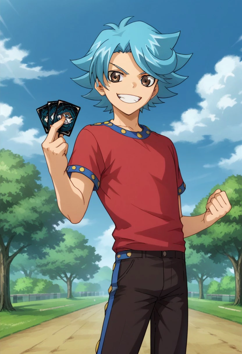 score_9, score_8_up, score_7_up, source_anime, highly detailed, 
hiroki, male focus, 1boy, solo, blue hair, card, smile, grin, holding card, holding, clenched hand, shirt, brown eyes, pants, red shirt,
outdoor, sky, cloud, tree