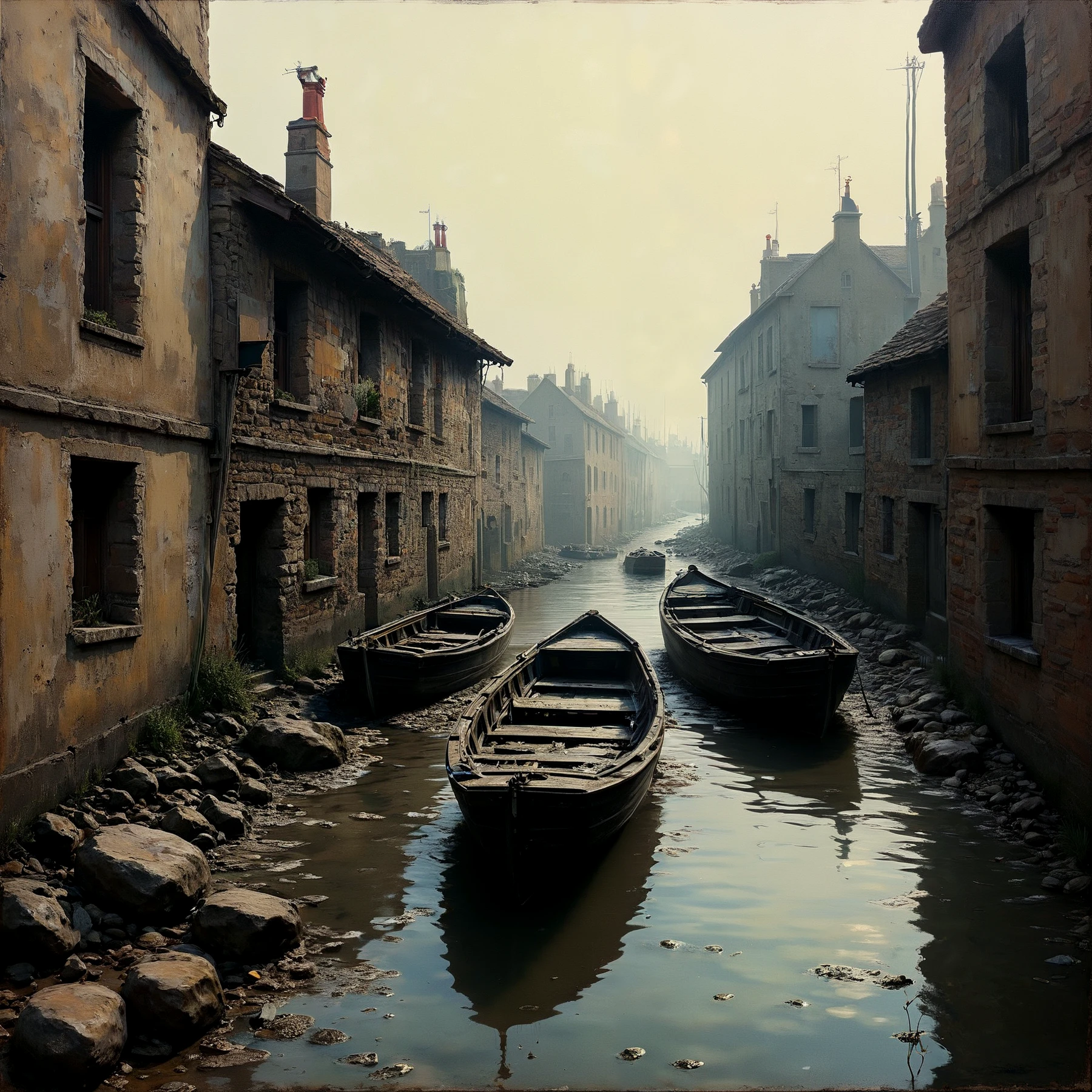 A putrid canal, boats half submerged in the vile water, rocks, debris, rubbish, atmospheric, moody, rustic.

<lora:Rembranksy01_CE_SDXL_64x32x120x2bOT:1> rmbrnksyCE style