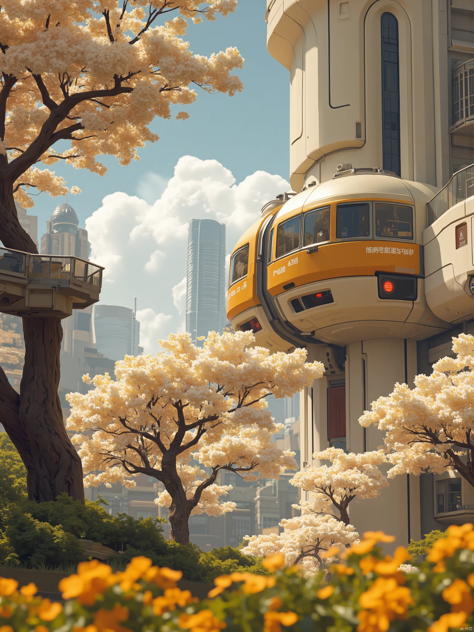 OBweilai,
a cherry blossom tree stands in front of a monorail
adding a pop of color to the scene. The tree's branches are adorned with bright yellow blooms
adding depth to the composition of the image. In the background
a tall building stands out against a backdrop of a clear blue sky
dotted with fluffy white clouds.