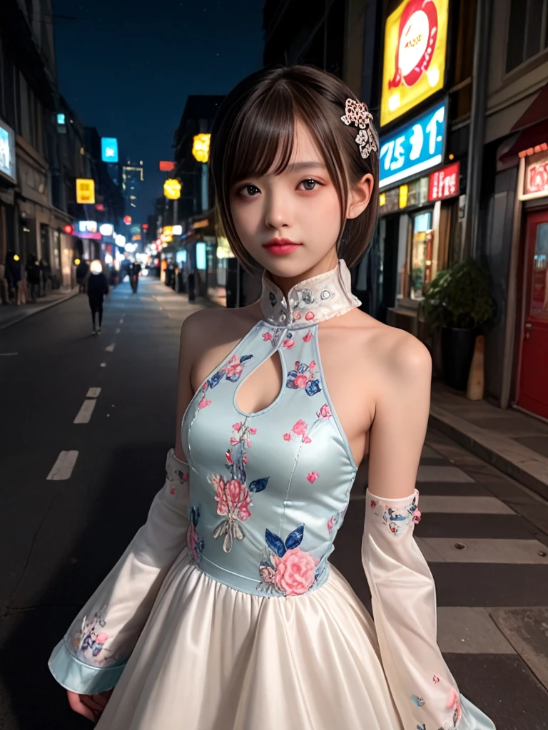 ((score_9, realistic)), ((fair skin)), ((skinny)), a pretty woman, kpop, jpop, idol, top model, medium breasts, high neck, multicolord dress, sleeves dress, hair ornament, street, night, signboard lights, <lora:ColoredContactLenses_pony:0.5>,