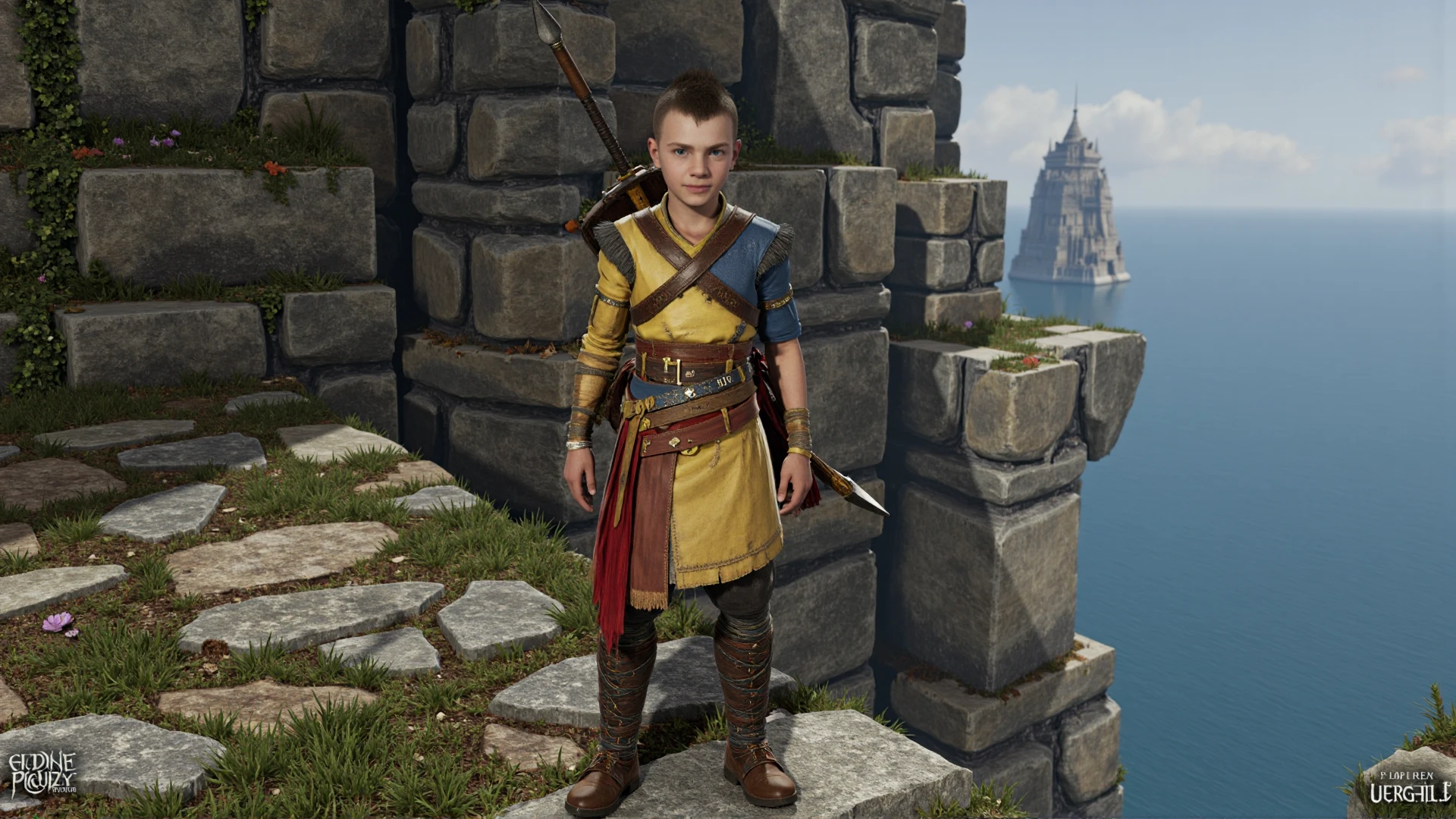 <lora:GoWRAtreusMulti:1>One boy, Holding a spear with both hands, ready to thrust, (viewed from the side:2) in a floating island location\nGoWRAtreus boy with blue eyes and short brown buzzcut. Wearing a yellow tunic with asmmetric leather details belts and straps crossing his body. His waistcloth is red and blue. Brown wrapped leather boots. Runic tattoo on his asymmetric sleeveless right arm. GoWRAtreus expression is Annoyed, Mouth turned down slightly, eyes narrowed, and a tense jaw.Standing straight,slight smile,looking at camera