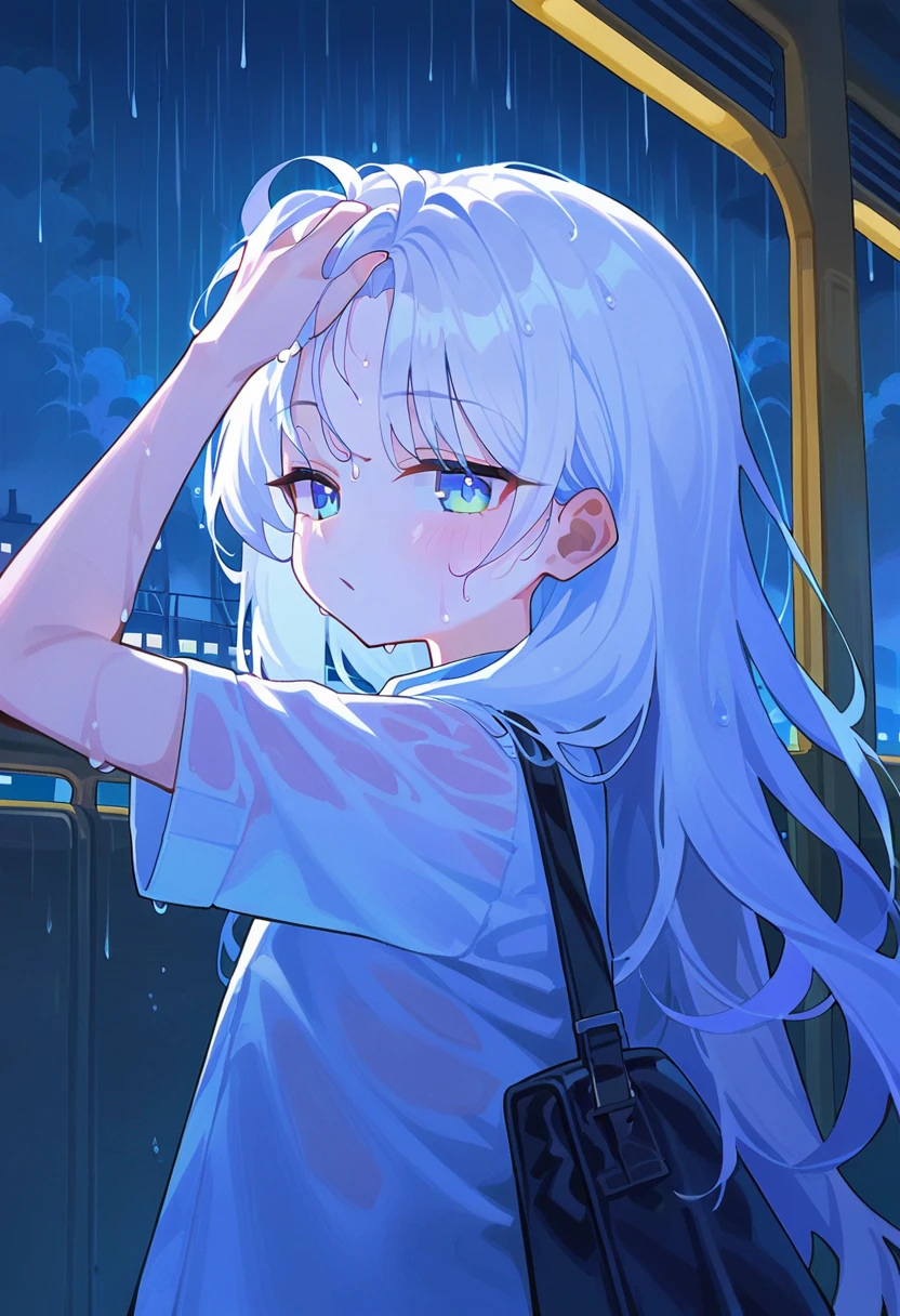 score_9, score_8_up, score_7_up, source anime, 1girl, solo, long hair, wet hair, bangs pinned back, holding hair, hand in own hair, bus station, rain, night, cloudy day, <lora:bangs_pinned_back-xl-pony-v1:1>,