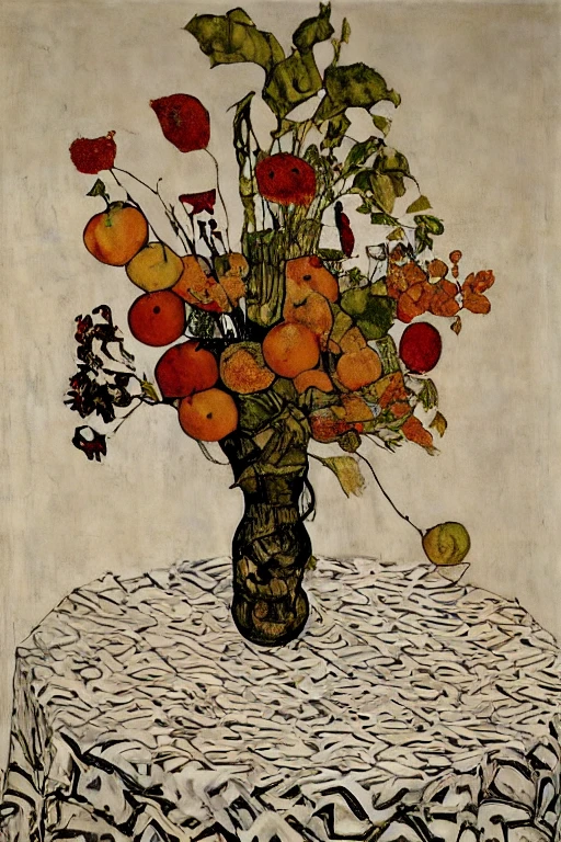 <lora:Schiele-10:1>, Schiele, A still life arrangement of fruits and flowers on a patterned tablecloth.