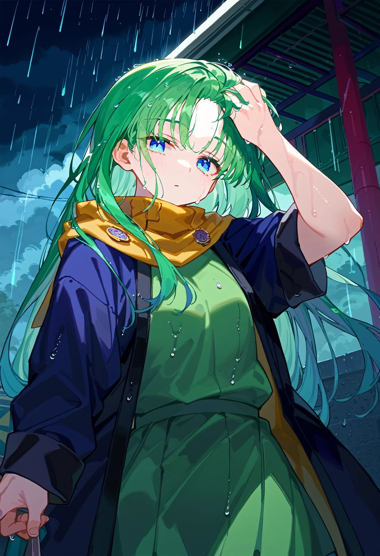 score_9, score_8_up, score_7_up, source anime, masou shizuka, 1girl, solo, long hair, green hair, blue robe, yellow scarf, blue eyes, green dress, wet hair, bangs pinned back, holding hair, hand in own hair, looking at viewer, bus station, rain, night, cloudy day, <lora:ragarl_shizuka-xl-pony-v1-000006:1>, <lora:bangs_pinned_back-xl-pony-v1:1>,