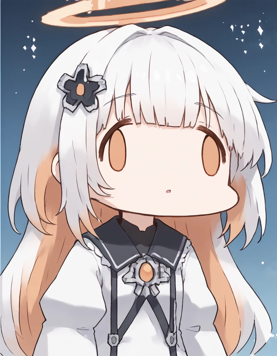 <lora:Chesed:0.8> chesedgijinka, 1girl, solo, halo, white hair, multicolored hair, orange hair, puffy long sleeves, dress
 <lora:sdxl-fxface-pony:1> fx-face, face_of_the_people_who_sank_all_their_money_into_the_fx_(meme)