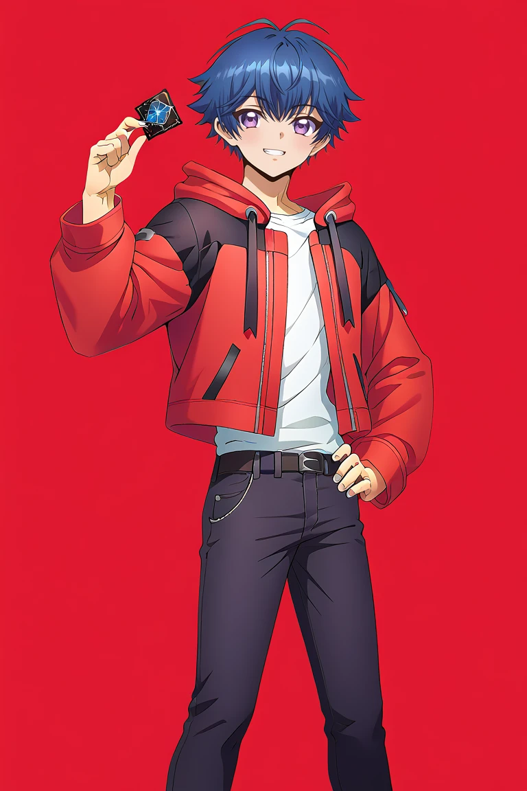 zPDXL2,rating_safe,<lora:Danji_Yu-yu_Tohya:1>,yu-yu kondo,1boy,male focus,solo,card,smile,holding,red-black hooded jacket,shirt,looking at viewer,pants,hood down,white shirt,holding card,hand on own hip,black pants,open clothes,open jacket,official art,