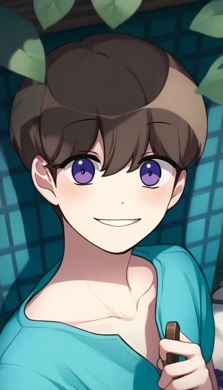 score_9,score_8_up,score_7_up,score_6_up BREAK official art,1boy,solo,outdoors,upper body,(portrait:1.5),looking at viewer,facing viewer,smile,blush,Steve,brown hair,short hair,hair between eyes,bangs,purple eyes,collarbone,aqua shirt,t-shirt,short sleeves,jeans,purple pants,flip-flops,black footwear,<lora:Steve(Bubble Planet)-Pony:1.6>,