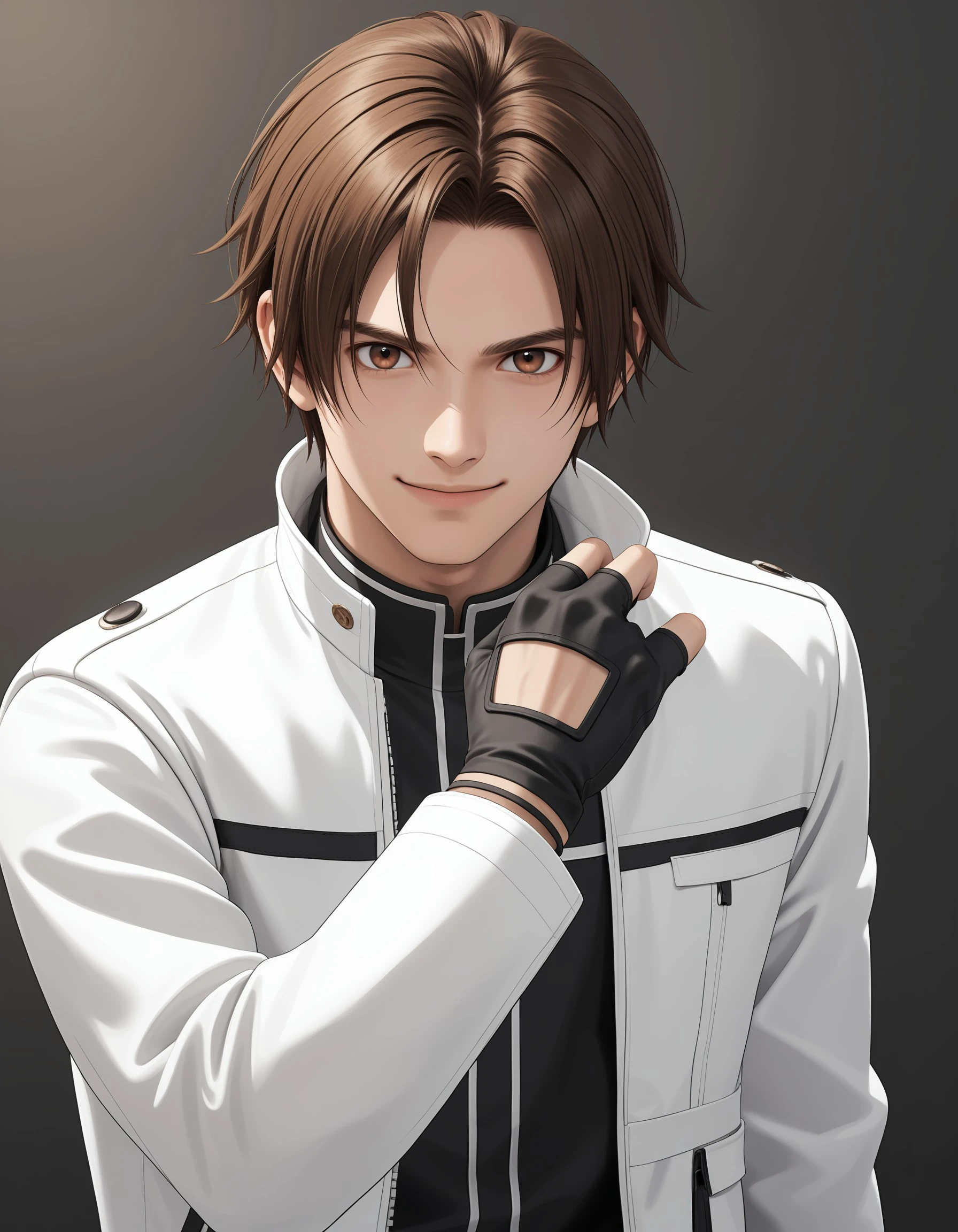 (masterpiece), best quality, expressive eyes, perfect face, kyokof, solo, smile, brown hair, gloves, 1boy, brown eyes, jacket, upper body, male focus, black gloves, fingerless gloves, white jacket, curtained hair, <lora:41e36ce7-579c-4b51-9c62-9f9568086fb1:0.7>