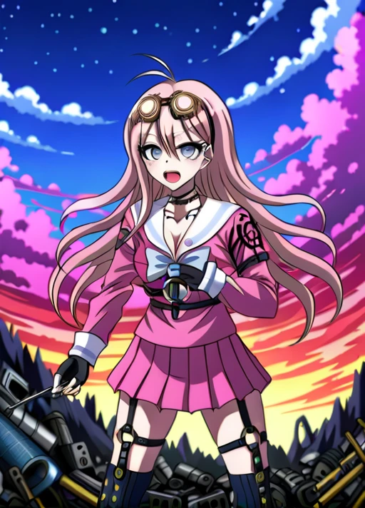 detailed background, solo, <lora:Miu_Iruma_SDXL:1>,  This anime screencap is from Danganronpa the Animation. ,     Miu Iruma wearing her uniform from Danganronpa V3. Miu Iruma has waist-length strawberry blonde hair, ice-blue eyes, brown goggles, and dark pink seifuku uniform. She has a white sailor collar and sleeve cuffs striped with a pale blue line and pale blue bow at her collar. Her cleavage is exposed. A crest's on the shoulders of her sleeves. She wears a short, dark pink pleated skirt, vertically striped off-white knee-high socks, black heeled boots. Her accessories include a black choker, two rubber collars that resemble barbed wire, black studded fingerless gloves, a pin of the mouse mascot on her collar, black straps connected with gold studs wrapping her left upper arm, and black straps around her torso and legs. Her long black boots nearly reach her knees. Miu Iruma is in a chaotic, otherworldly junkyard, filled with piles of discarded technology and scrap metal. She's standing atop a mountain of junk, holding a makeshift antenna aloft, trying to catch a signal on a small, handheld device. The sky above is filled with swirling, neon-colored clouds.